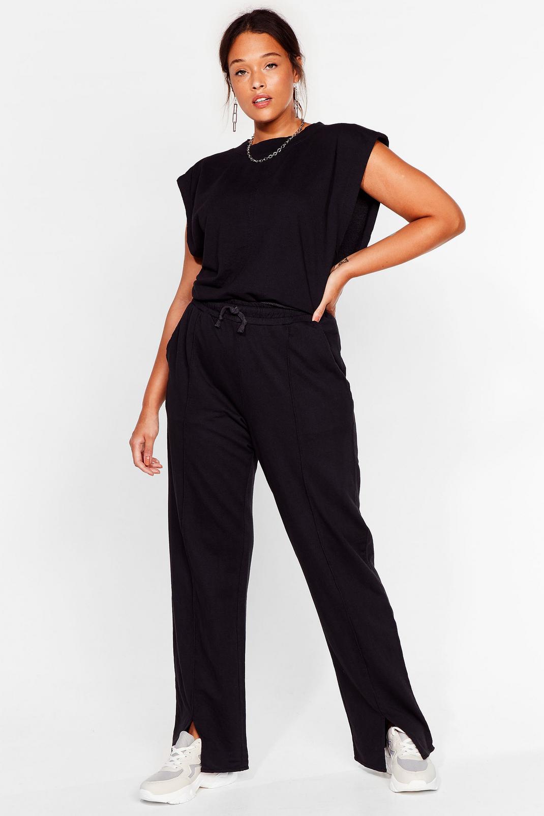 Black Plus Size Top and Split Hem Tracksuit Pants Set image number 1