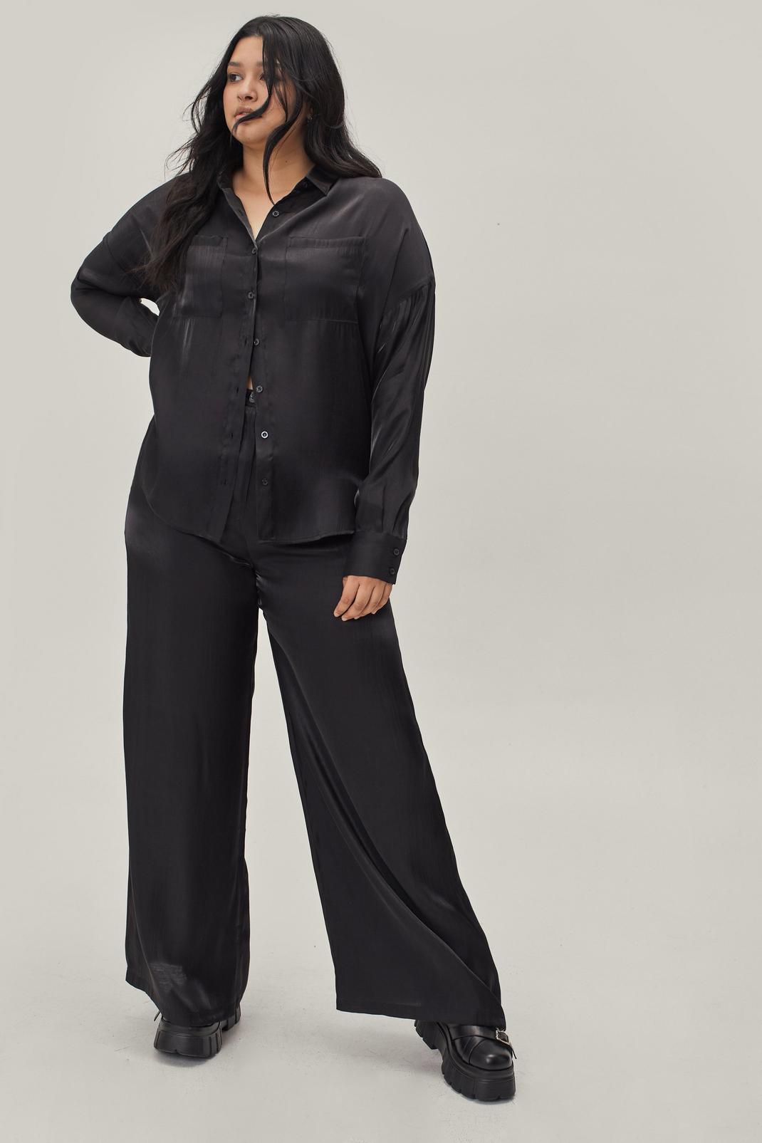 Black Plus Size Satin Shimmer Wide Leg Trousers image number 1