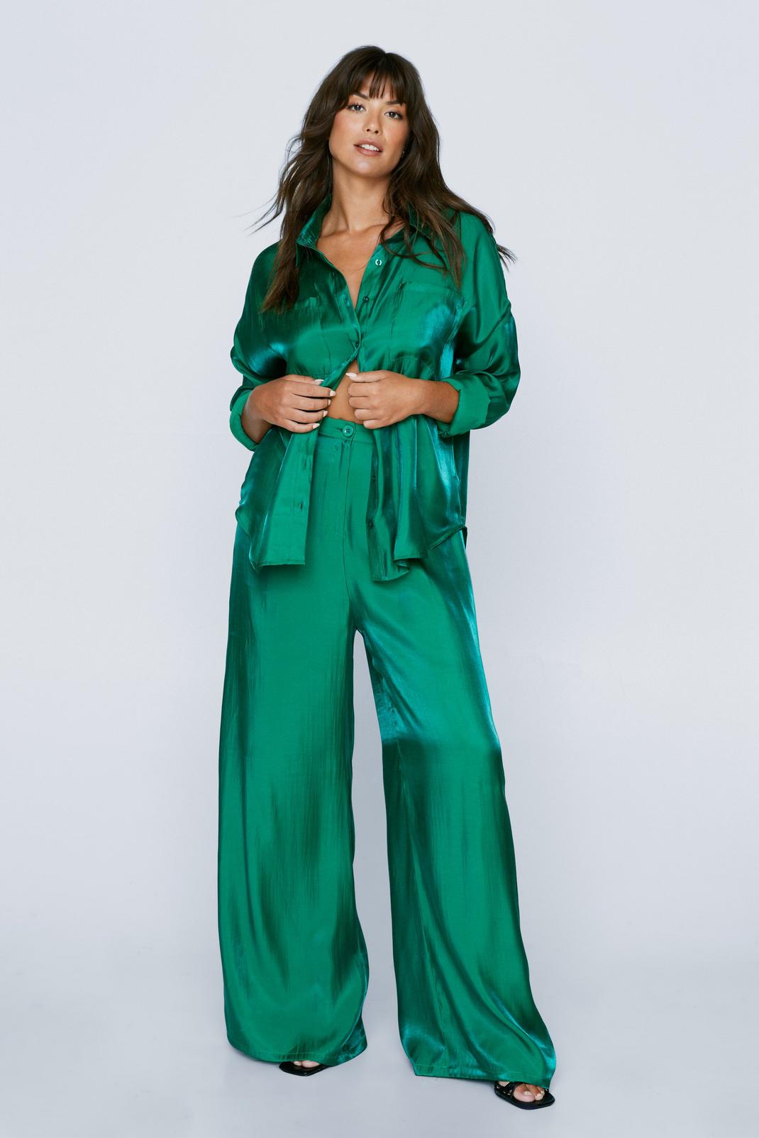 Olive Plus Size Satin Shimmer Wide Leg Trousers image number 1