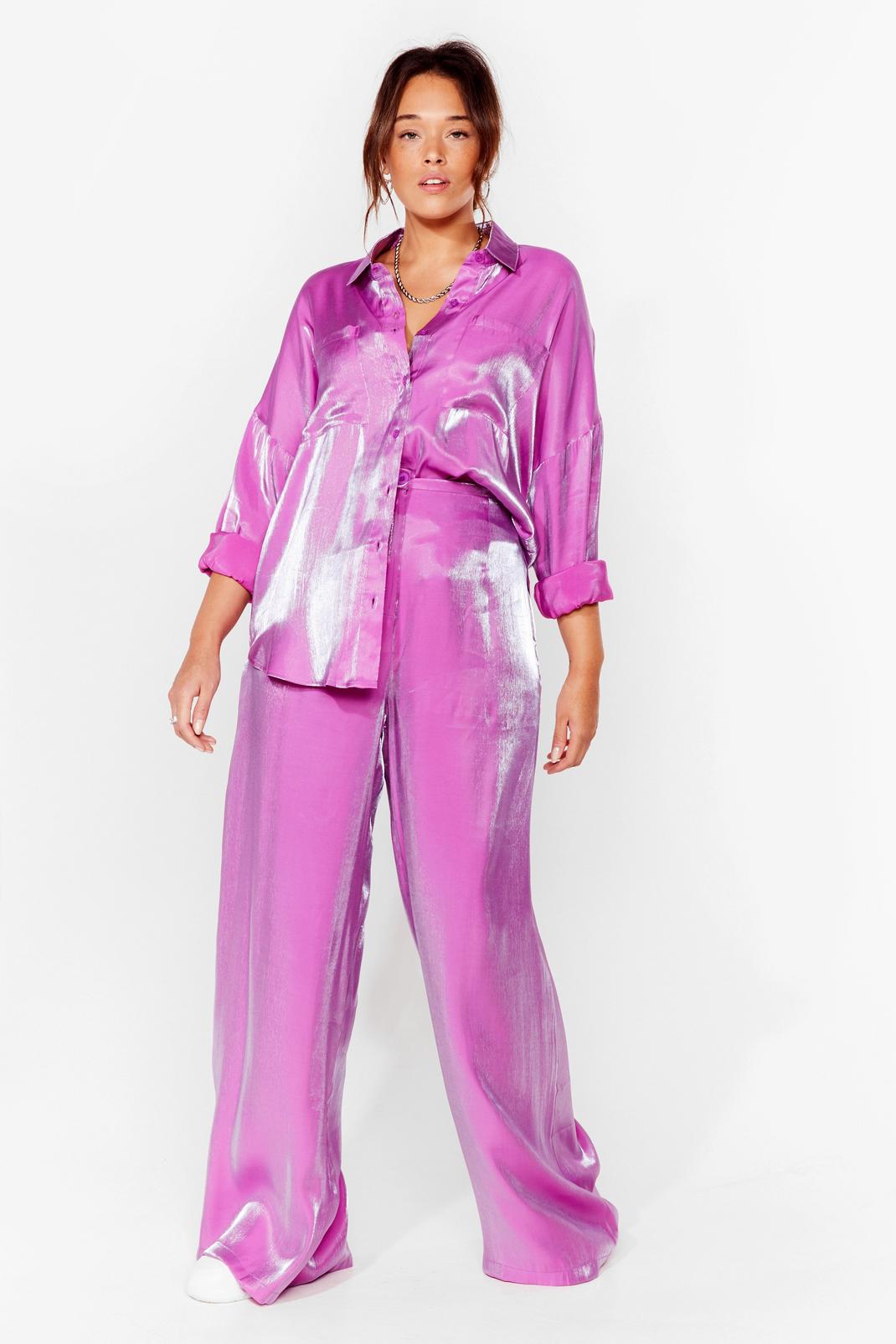 Grande Taille - Pantalon large taille haute effet brillant, Purple image number 1