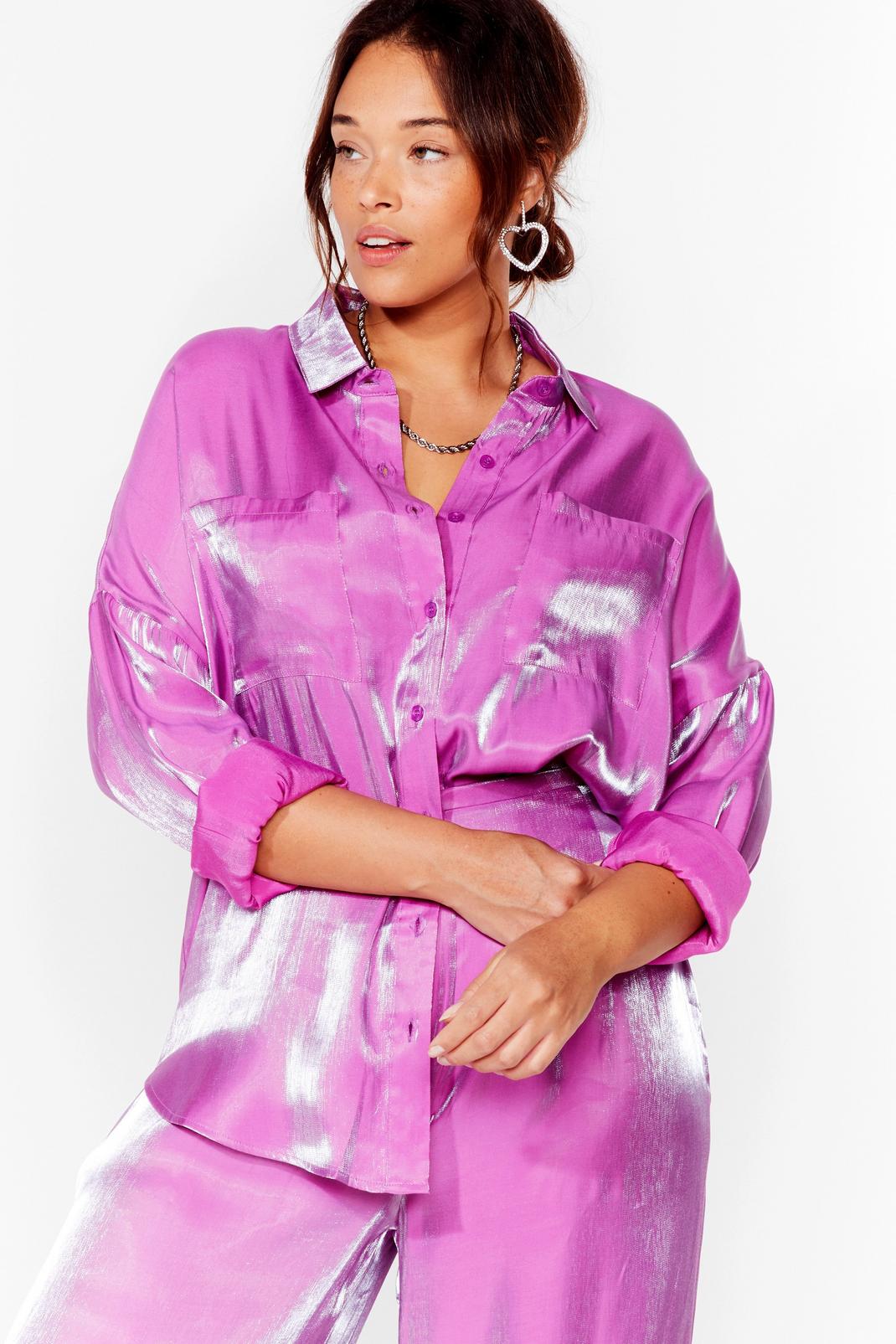 Purple Plus Size High Shine Oversized Satin Shirt image number 1