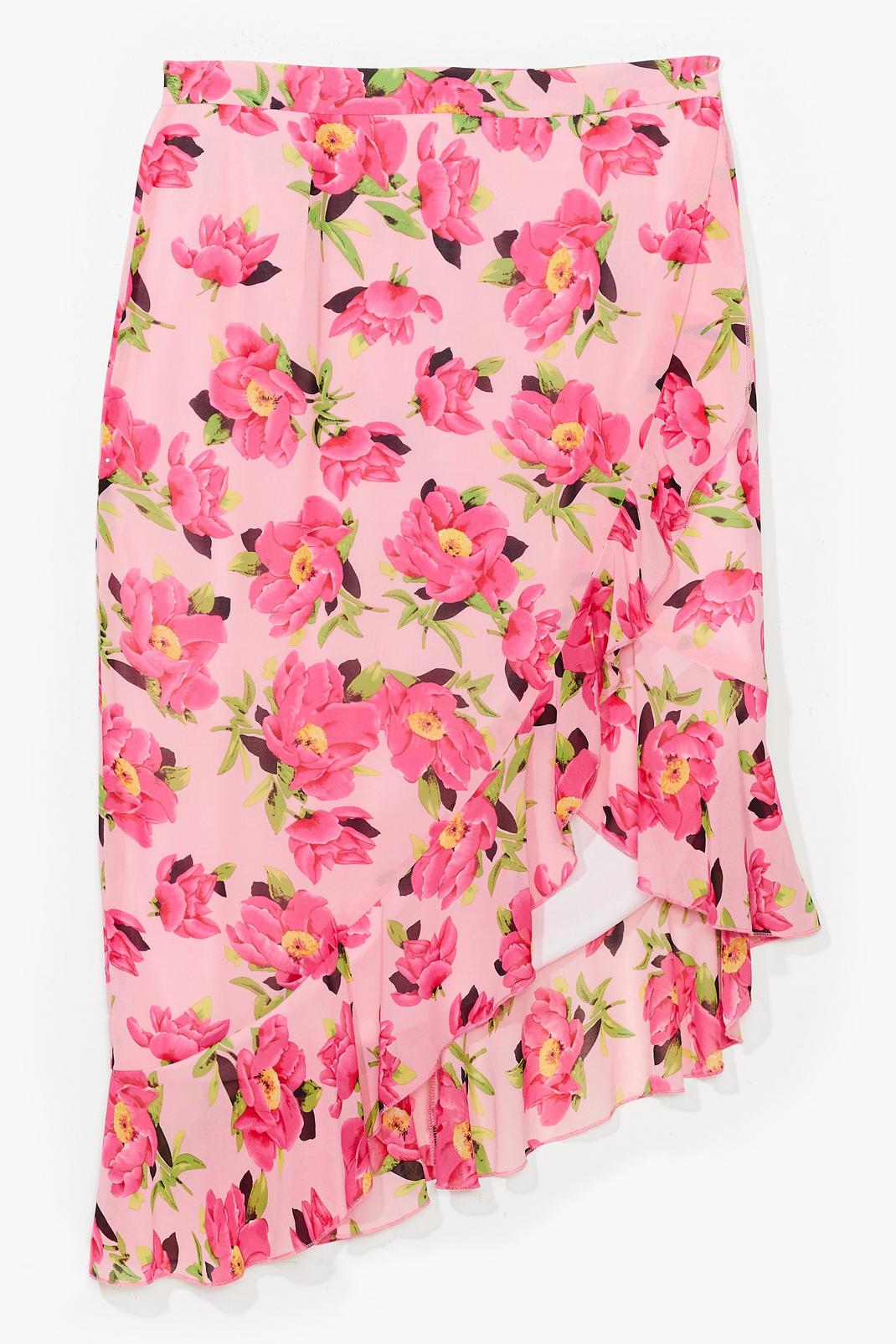 Pink Plus Size Floral Wrap Ruffle Midi Skirt image number 1