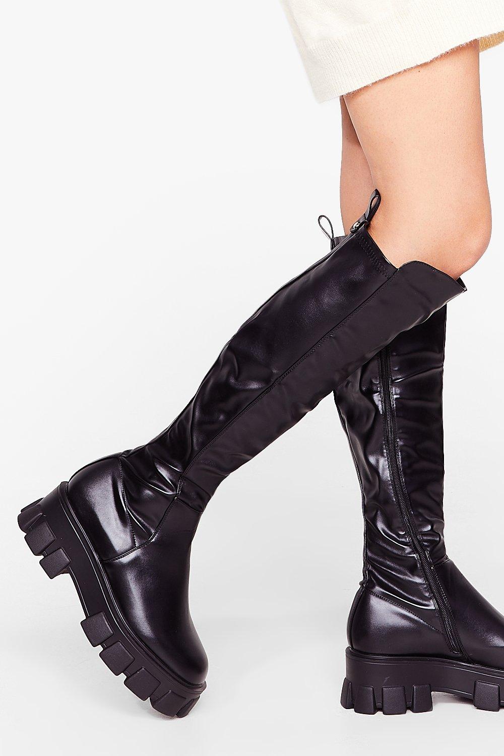 Faux leather knee high best sale flat boots