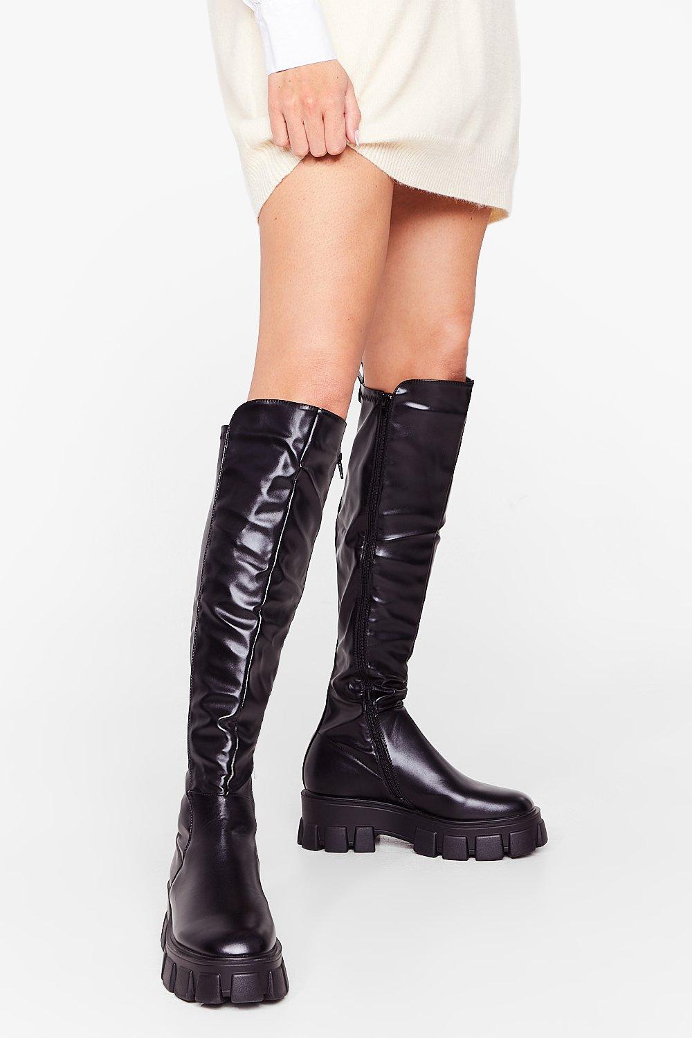 yarn Discolor Secretary Faux Leather Chunky Flat Knee High Boots | Nasty Gal