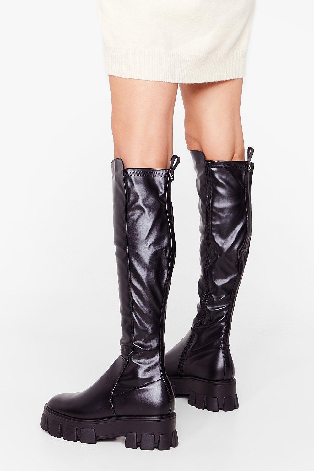 Faux Leather Chunky Flat Knee High Boots