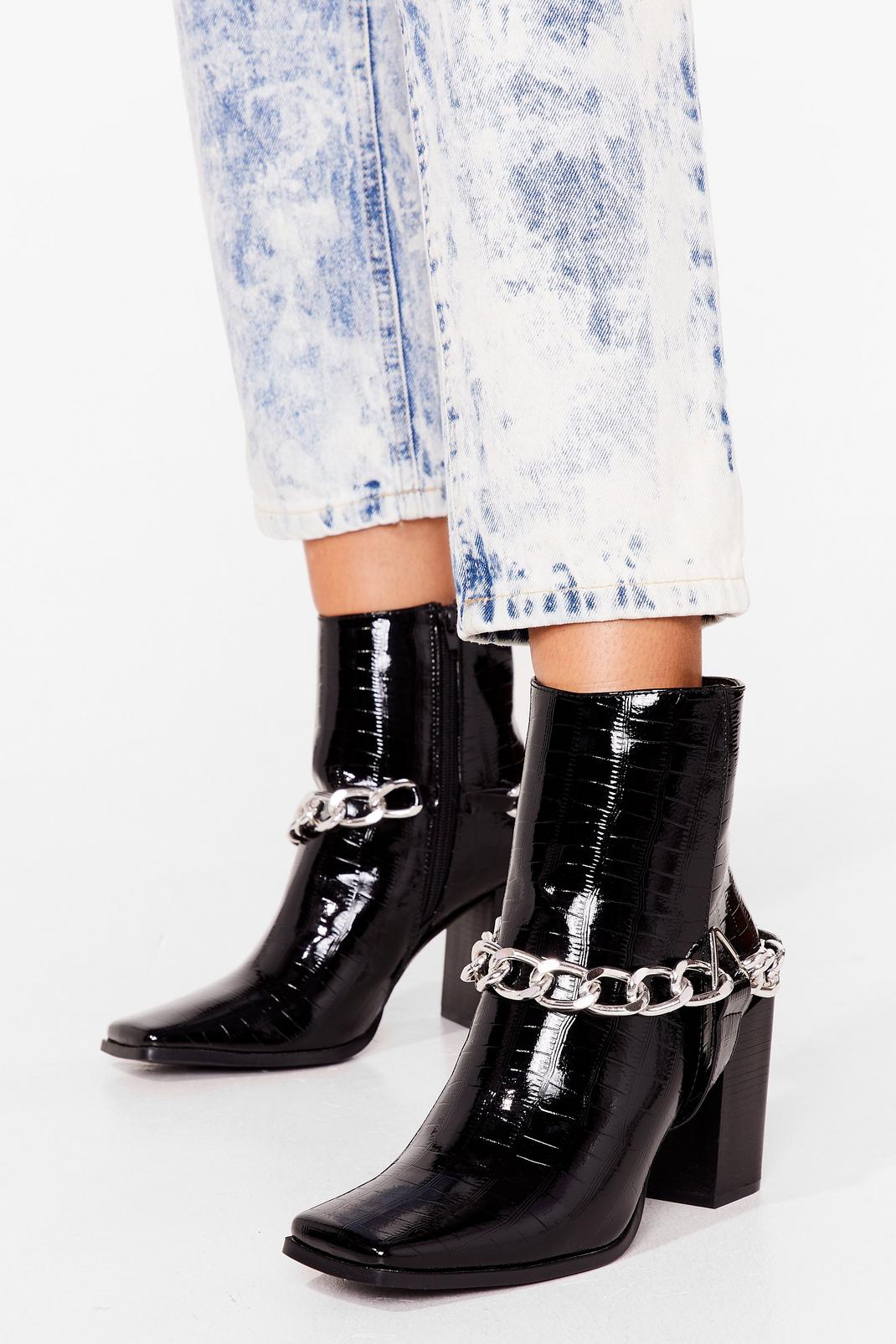 Black Chain Croc Embossed Heeled Boots image number 1