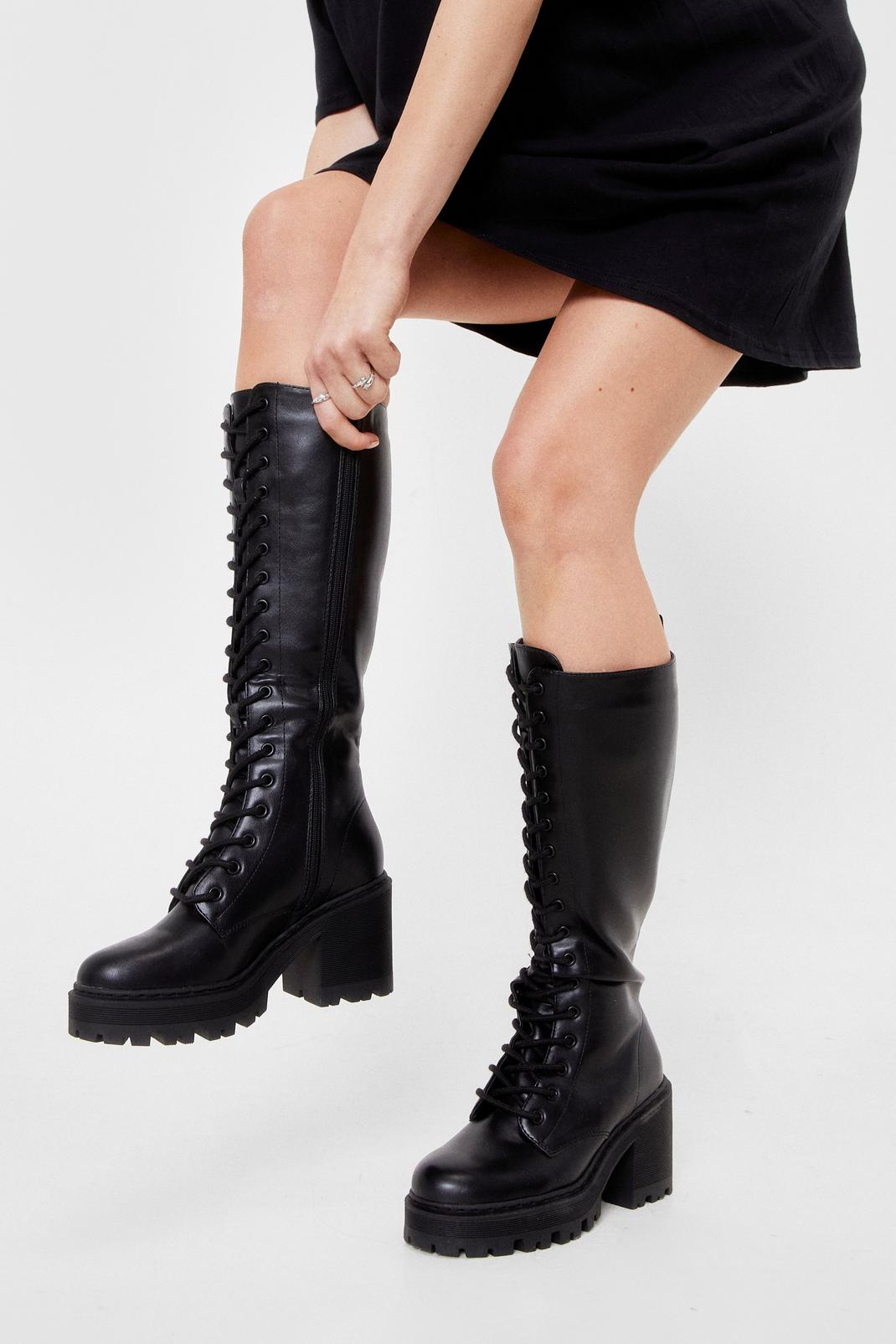 Black Lace-Up to It Knee High Heeled Boot image number 1