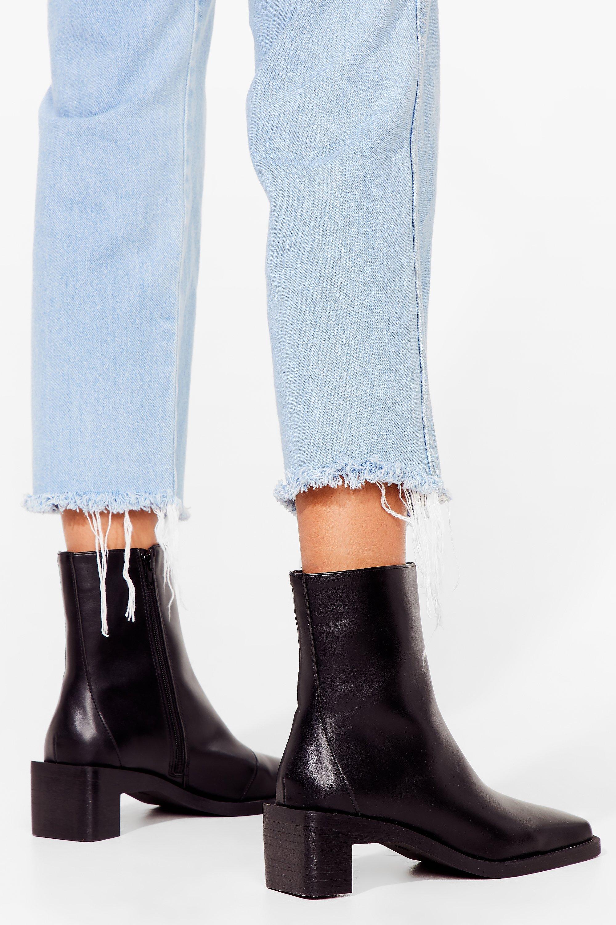 black faux leather heeled boots