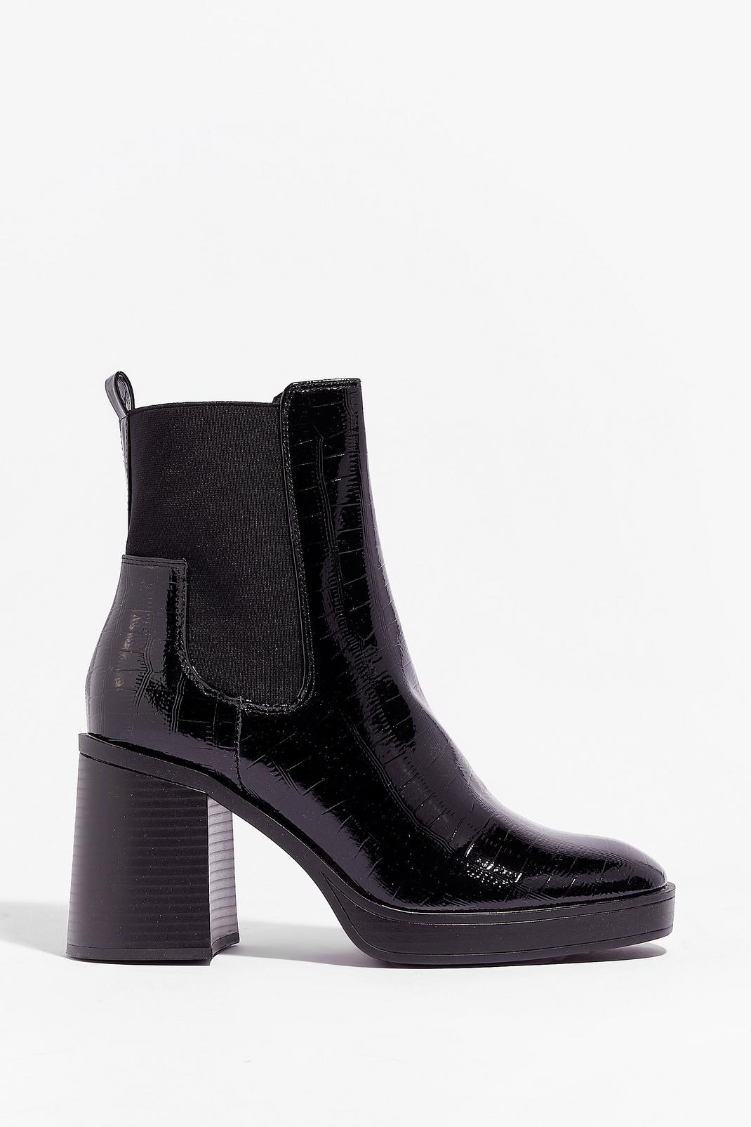 Black Chunky Heel Croc Embossed Ankle Boots image number 1