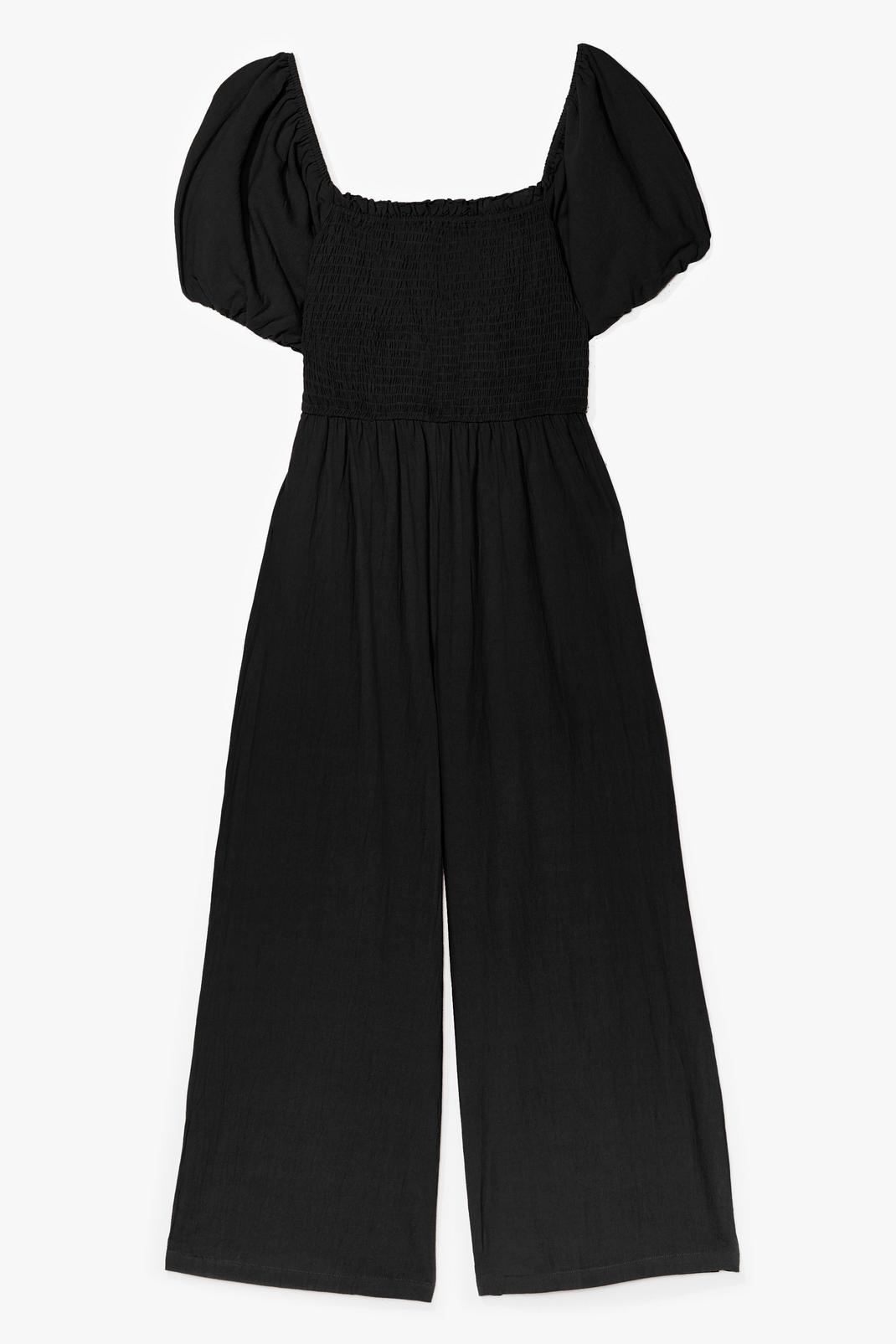 Black Why So Puff Sleeve Shirred Culotte Jumpsuit image number 1