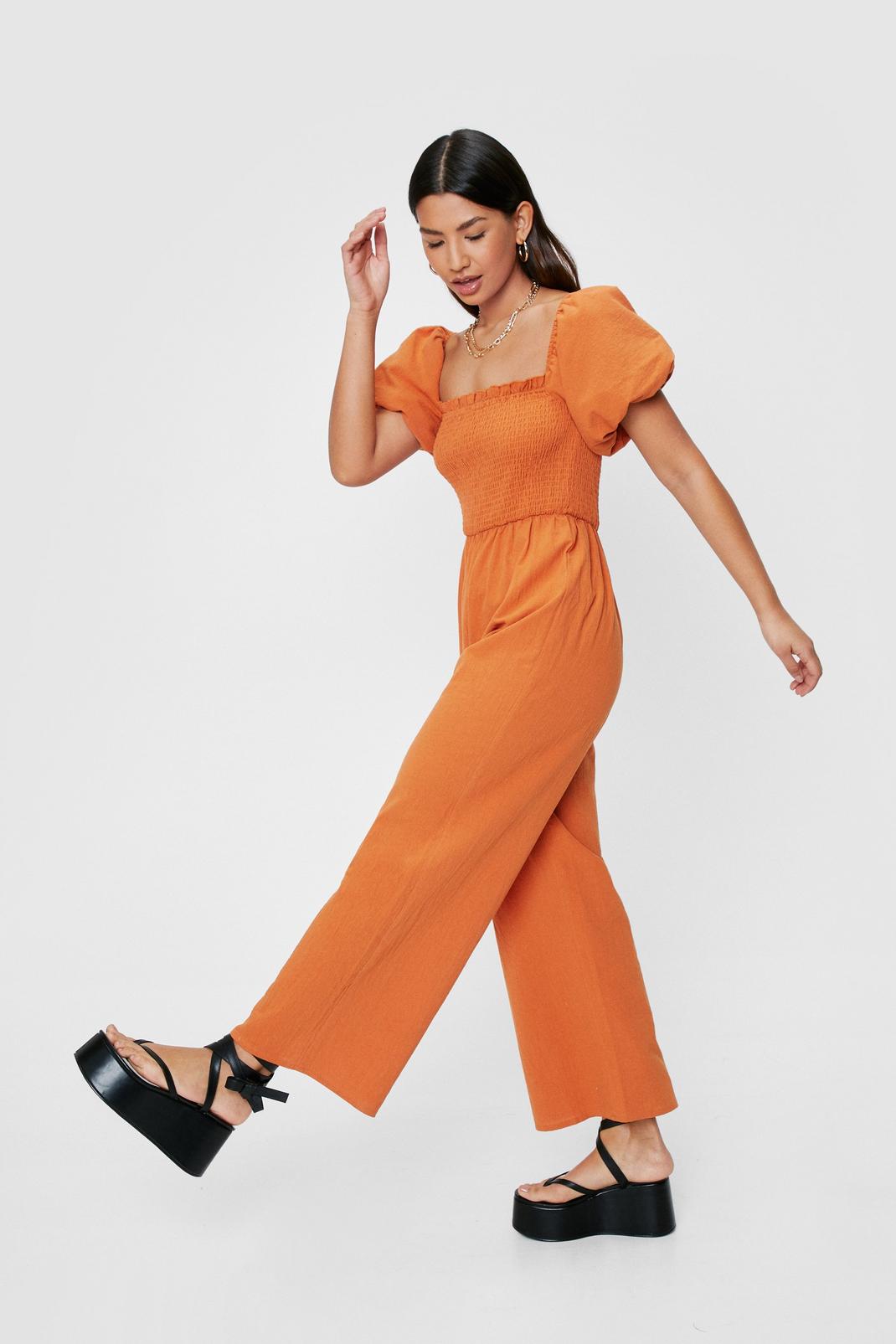 Rust Why So Puff Sleeve Shirred Culotte Jumpsuit image number 1