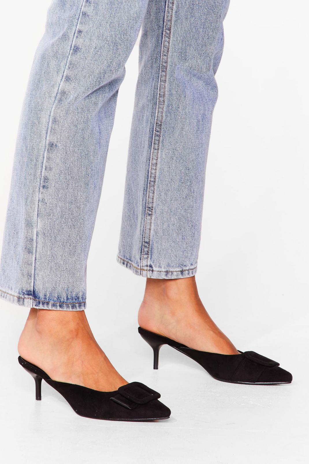 Black You're Kitten Me Faux Suede Heeled Mules image number 1