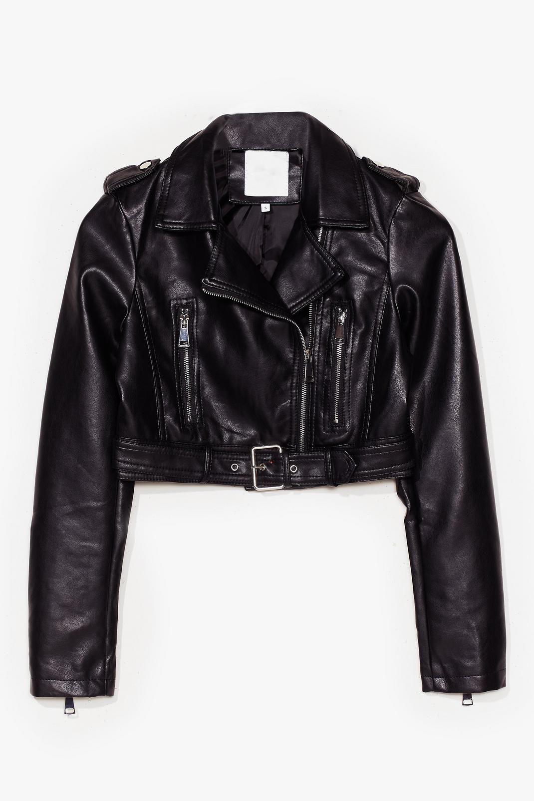 Black Cropped Faux Leather Biker Jacket image number 1