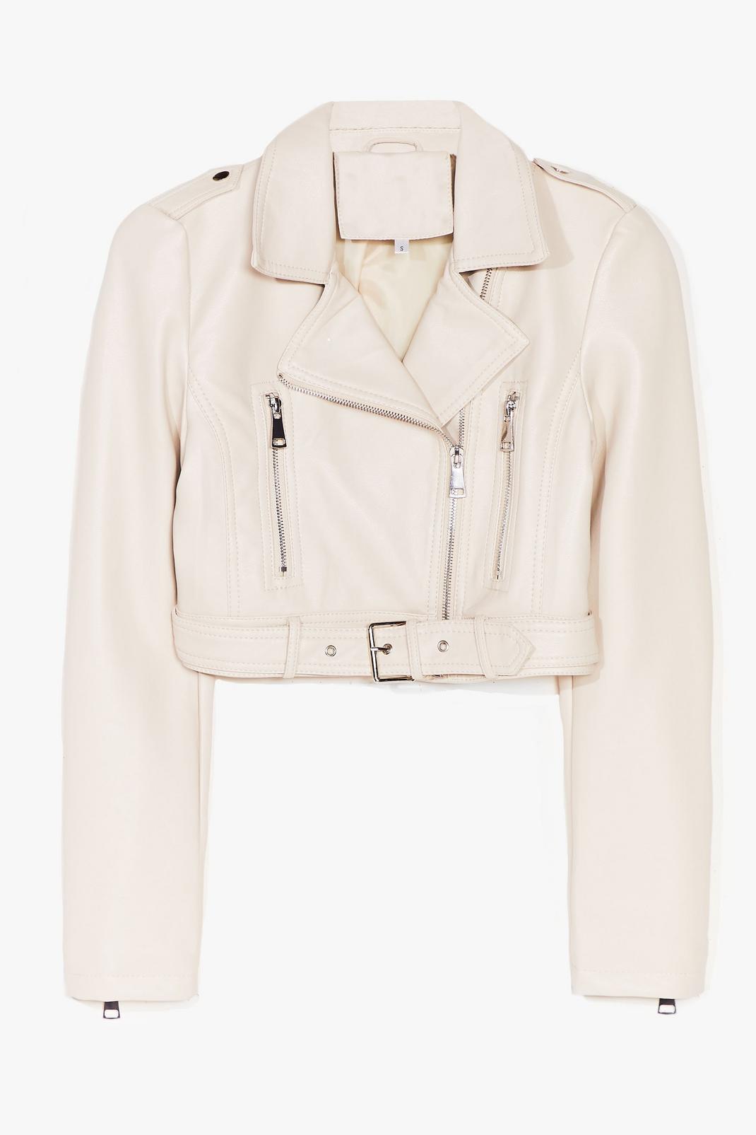 Cream Cropped Faux Leather Biker Jacket image number 1