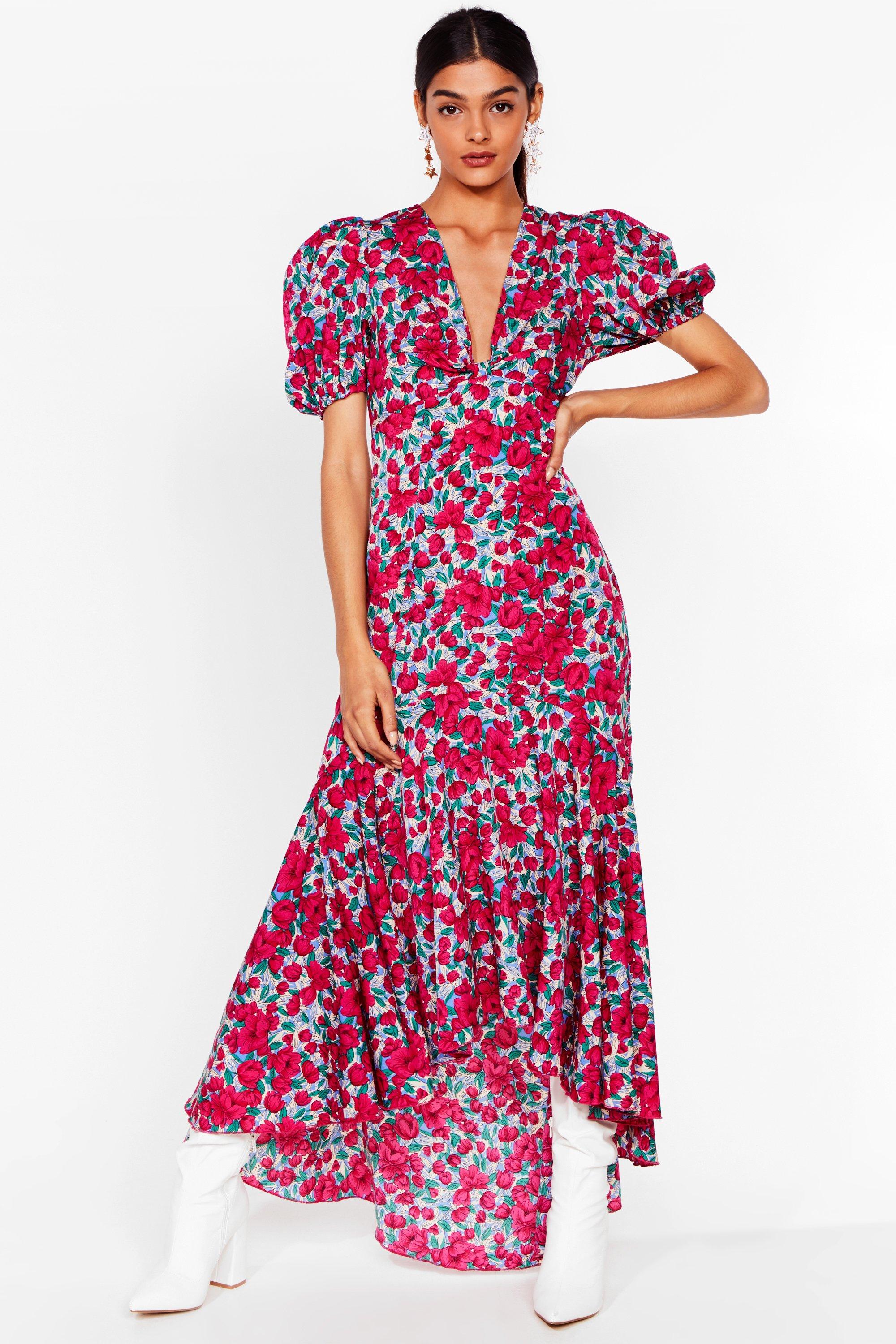 pink floral wrap dip hem dress