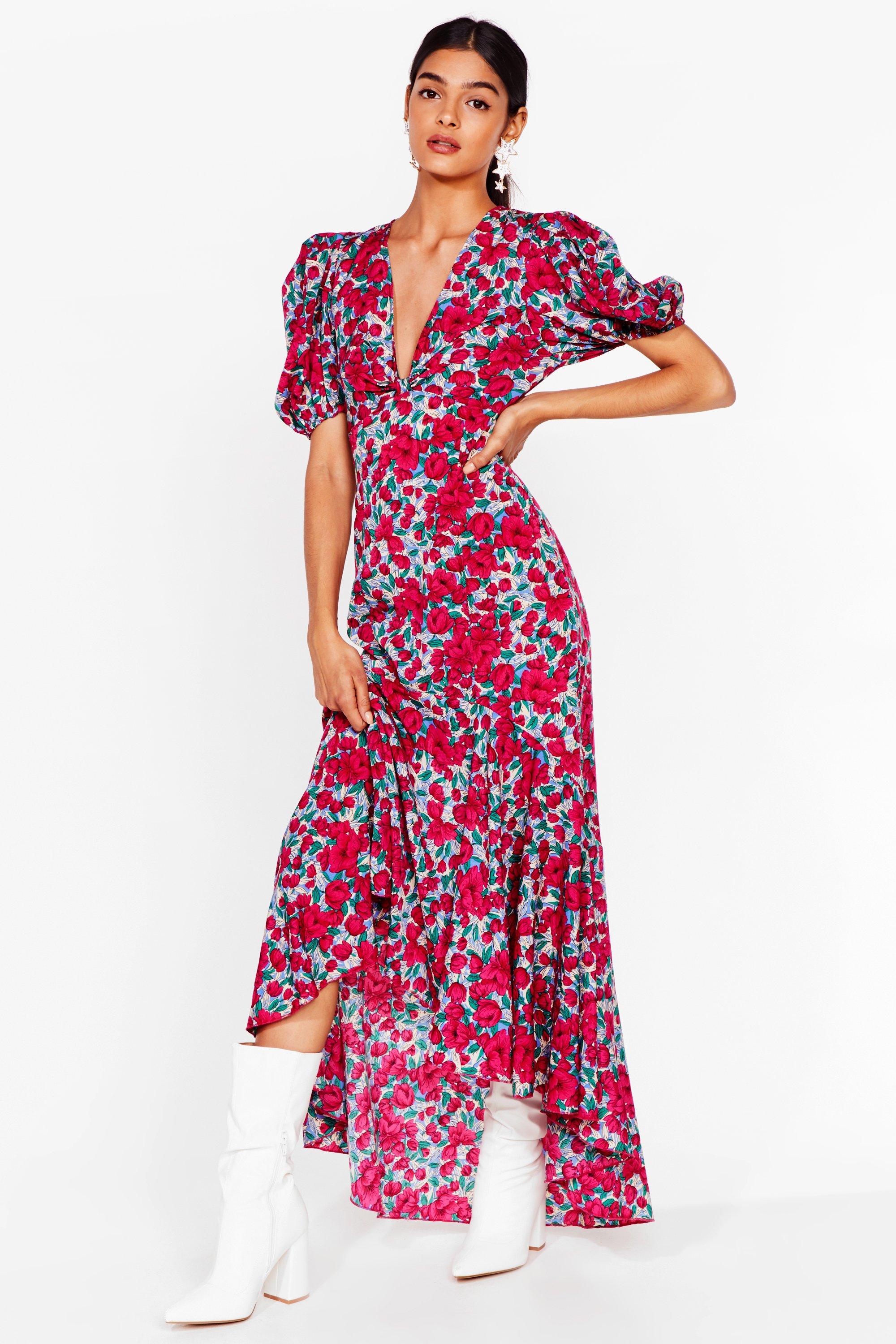 floral puff sleeve midaxi tea dress