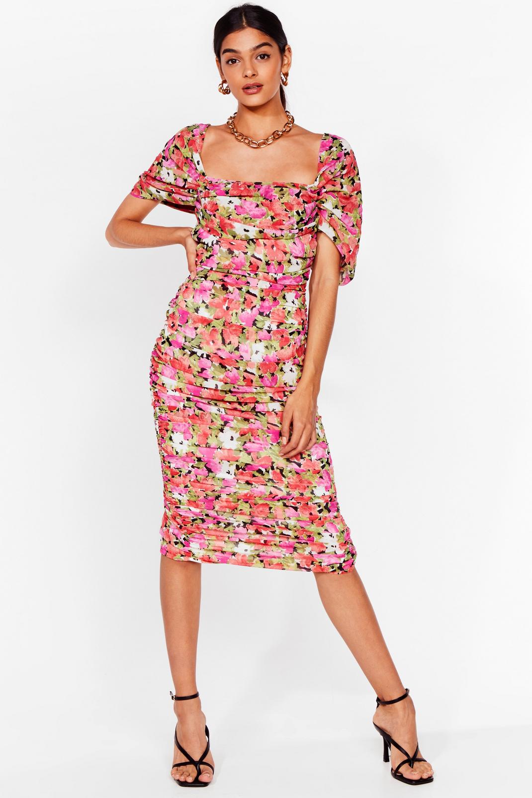 Painted floral Gathered Cowl Neck Midi Dress image number 1