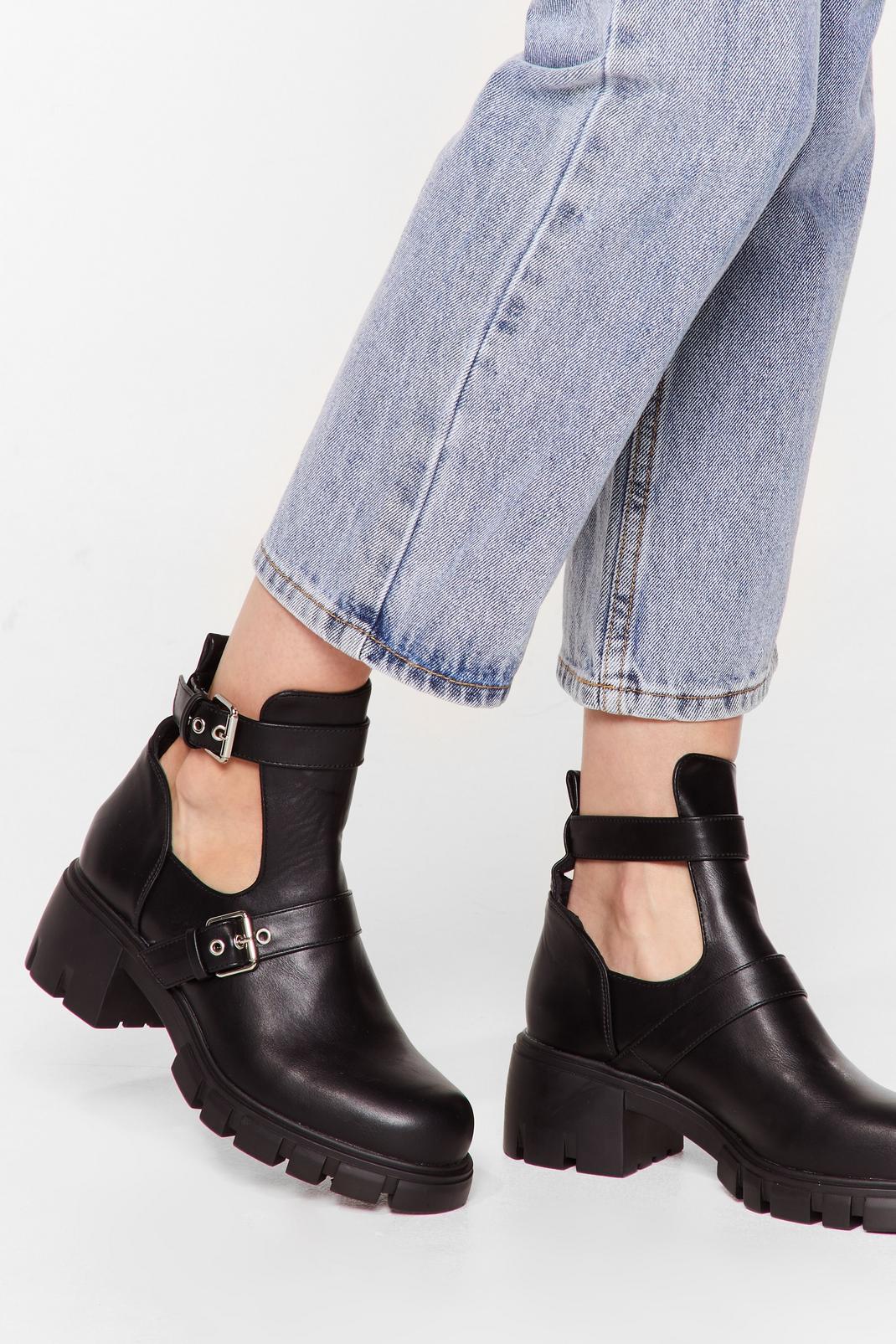 Black Cut-Out of Their League Faux Leather Chunky Boots image number 1