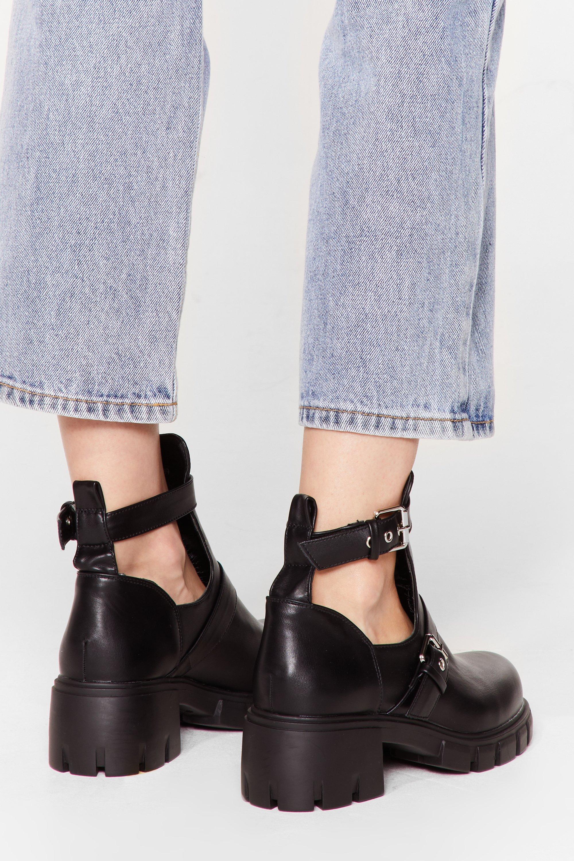 Public Desire Maia black buckle detail cut out ankle boots