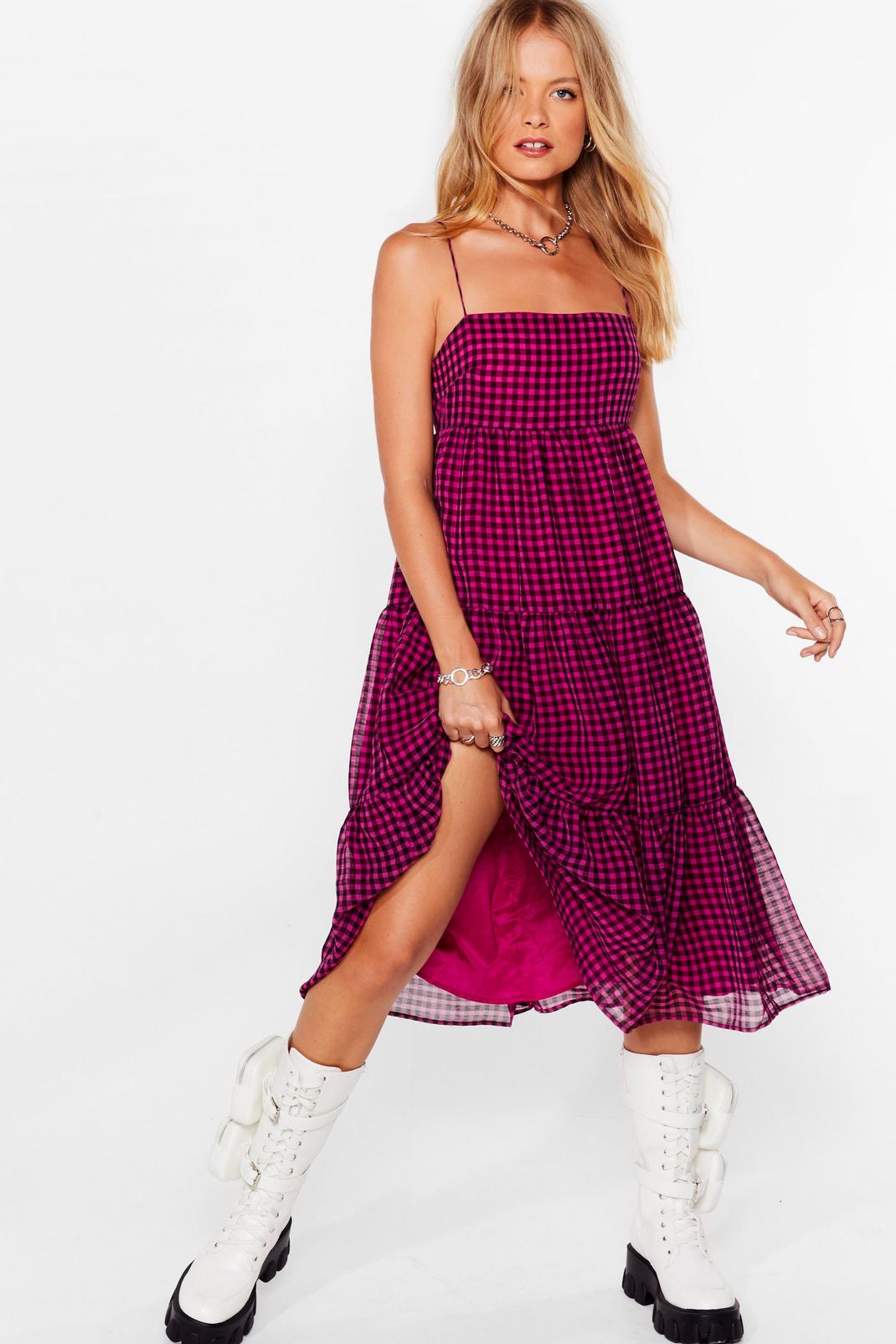 Pink check tierred trapeze midi dress image number 1