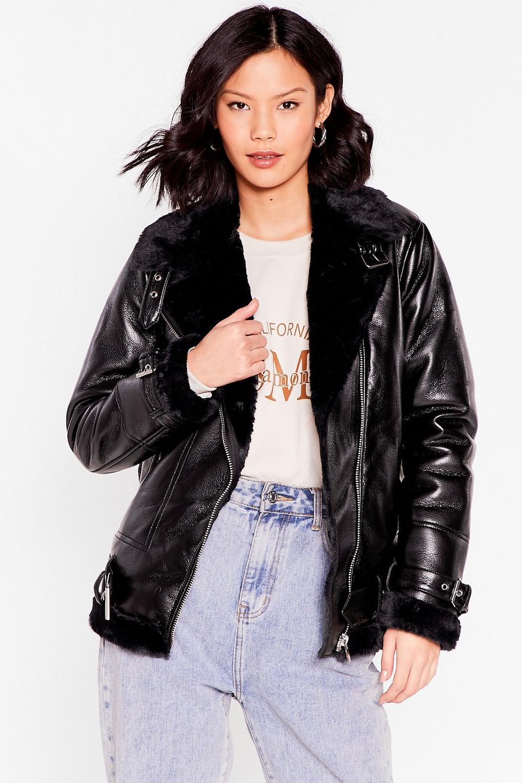 Black See You Aviator High Shine Faux Leather Jacket image number 1