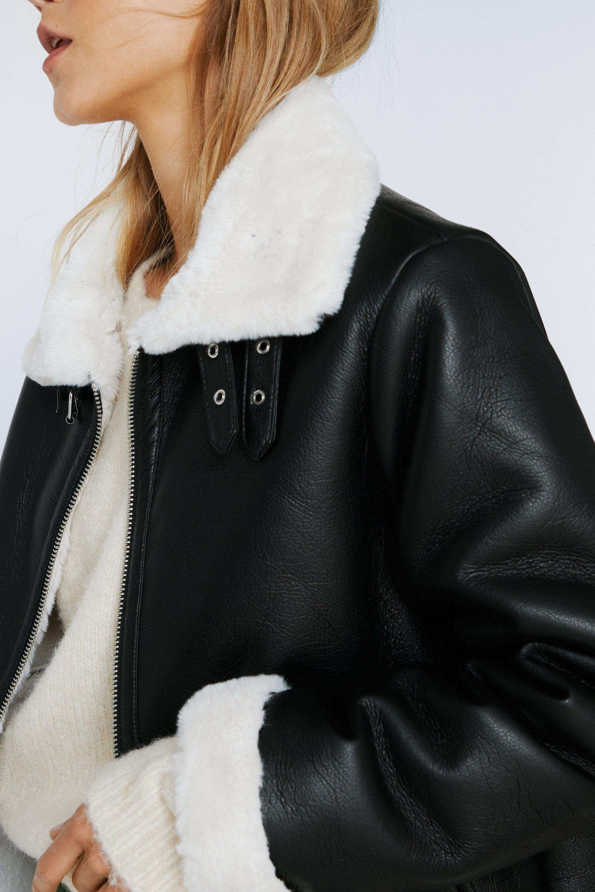 Black faux leather oversized aviator jacket hotsell