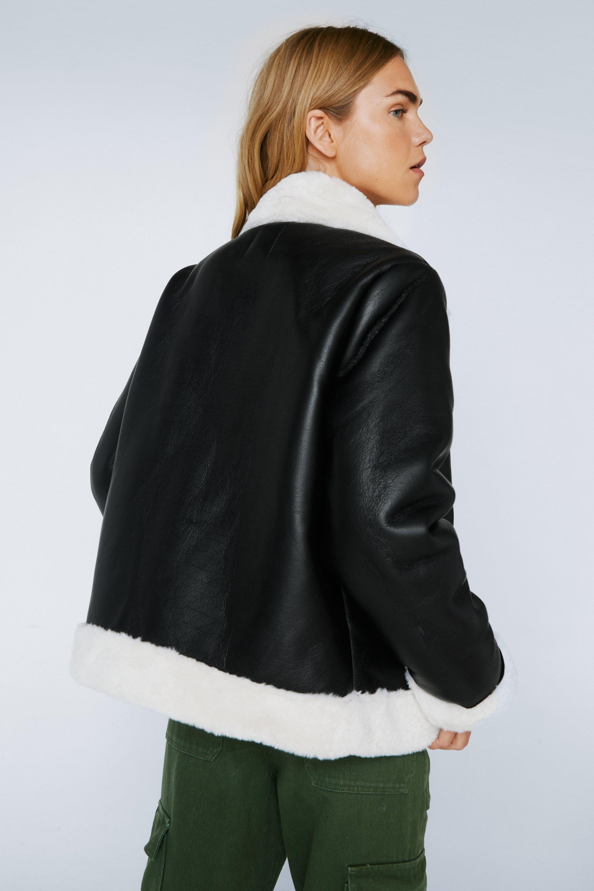 Black faux leather oversized aviator clearance jacket