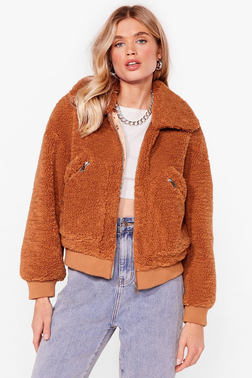 Toffee Zip Through Faux Fur Teddy Bomber image number 1