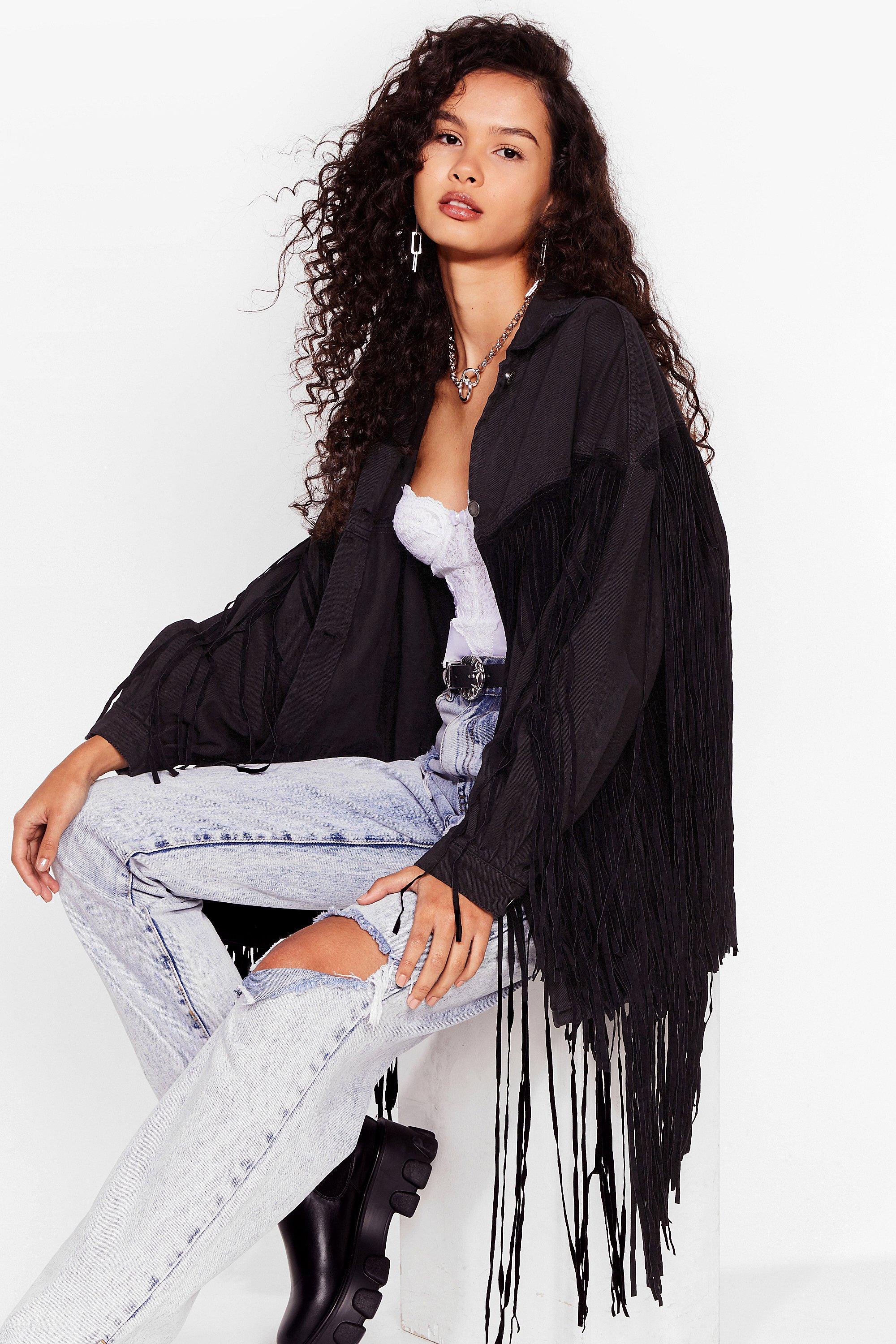 Nasty Gal Womens Plus Size Star Studded Fringe Jacket