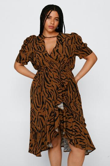 Plus Size Tiger Wrap Midi Dress brown