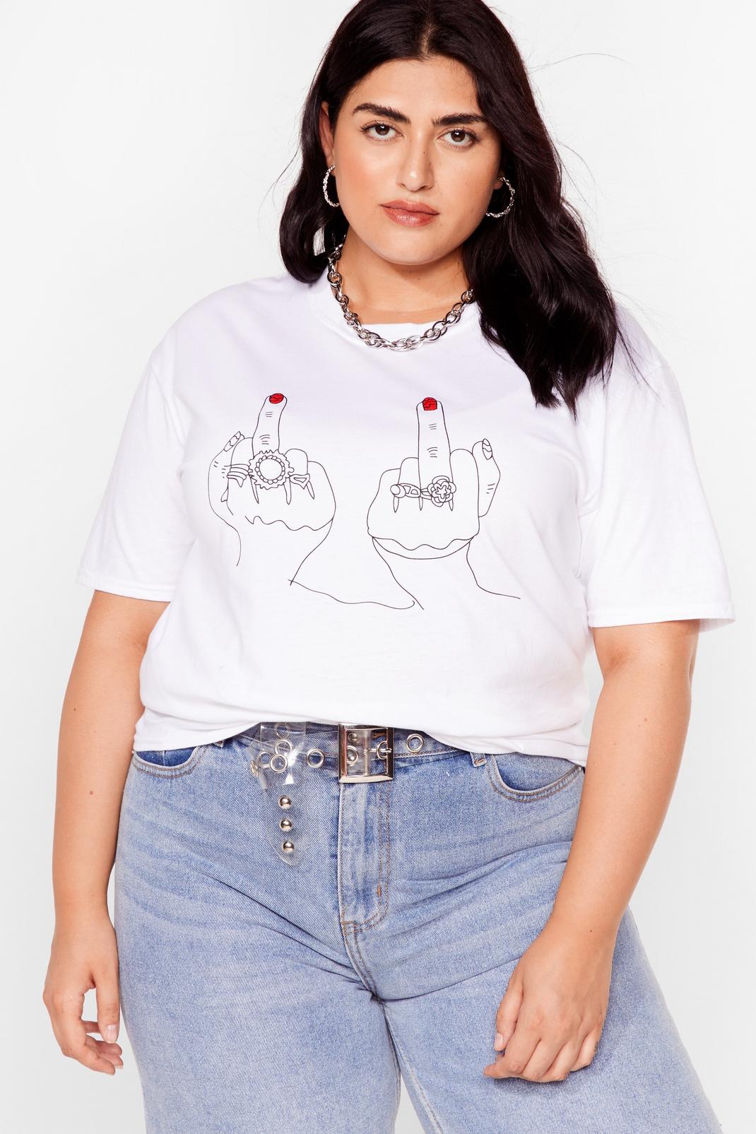 White Plus Size Middle Finger Graphic T-Shirt image number 1