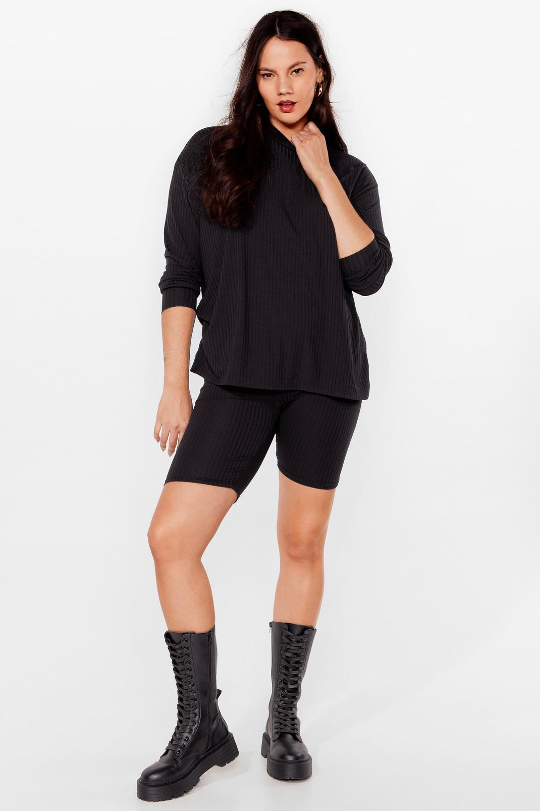 Black Plus Size Ribbed Hoodie And Shorts Set image number 1