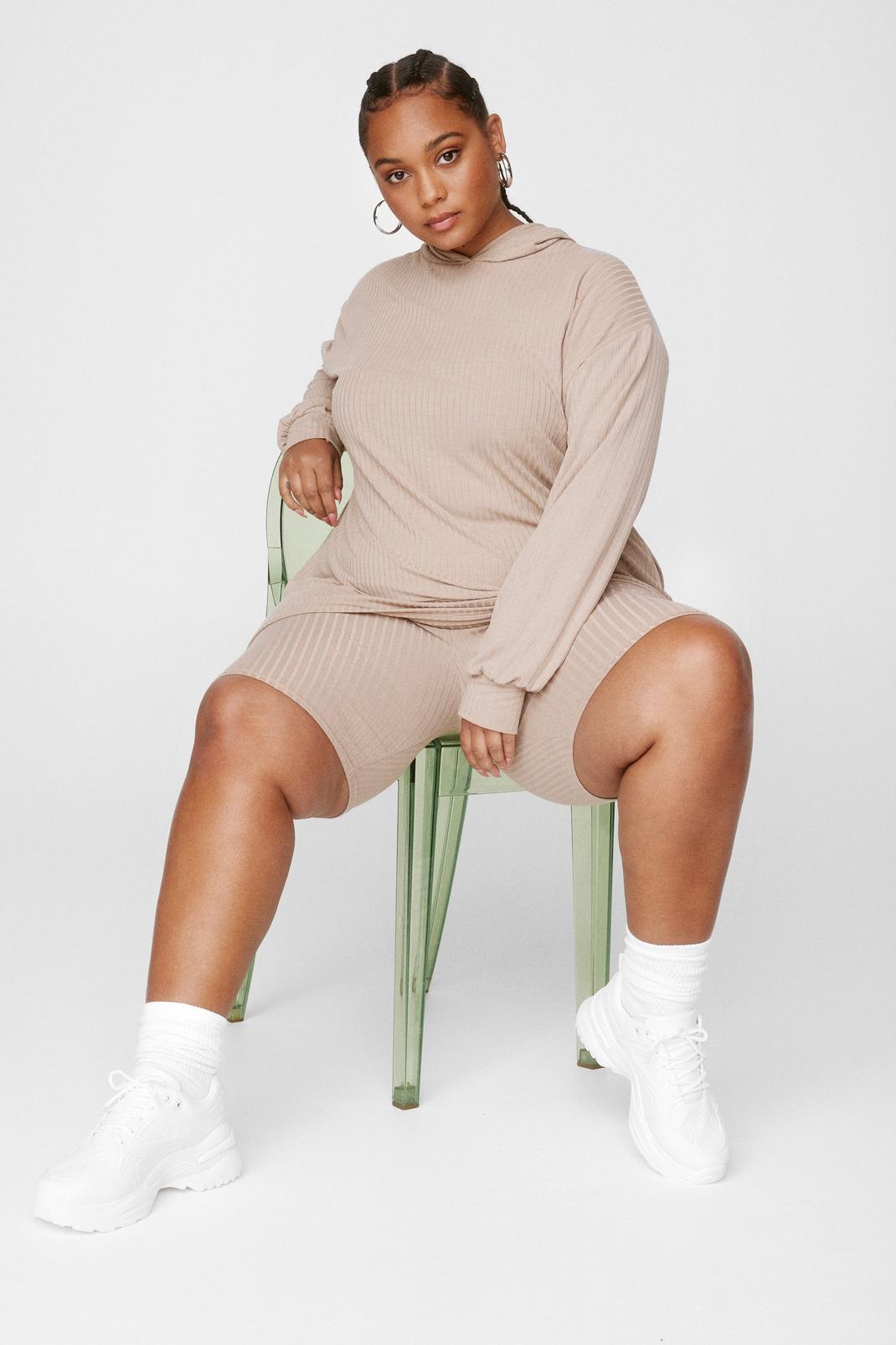 Stone Plus Size Ribbed Hoodie And Shorts Set image number 1