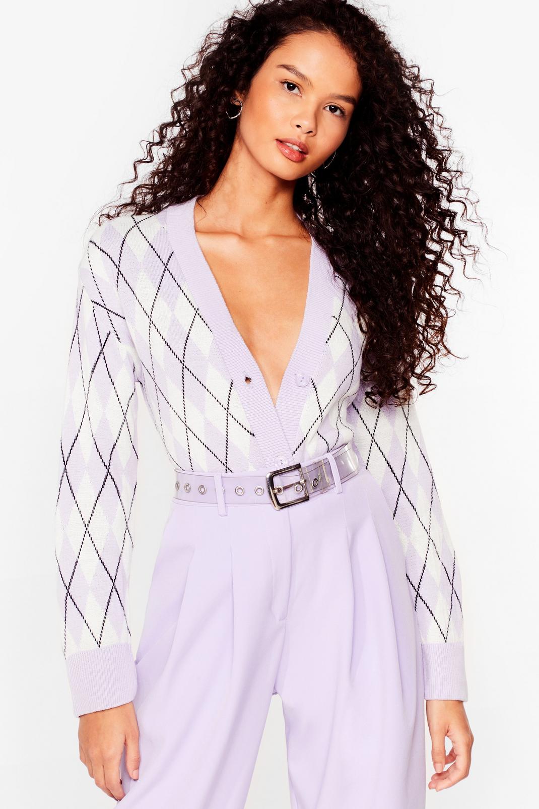 Lilac Check Deep V Neck Button Down Cardigan image number 1