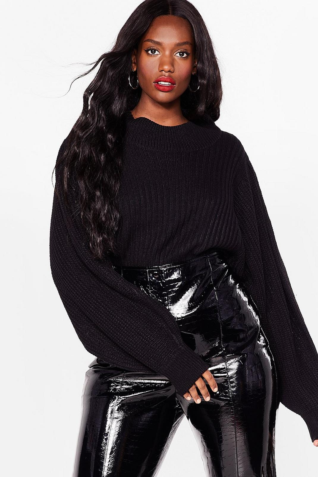 Black Ribbed Knit Balloon Sleeve Sweater image number 1