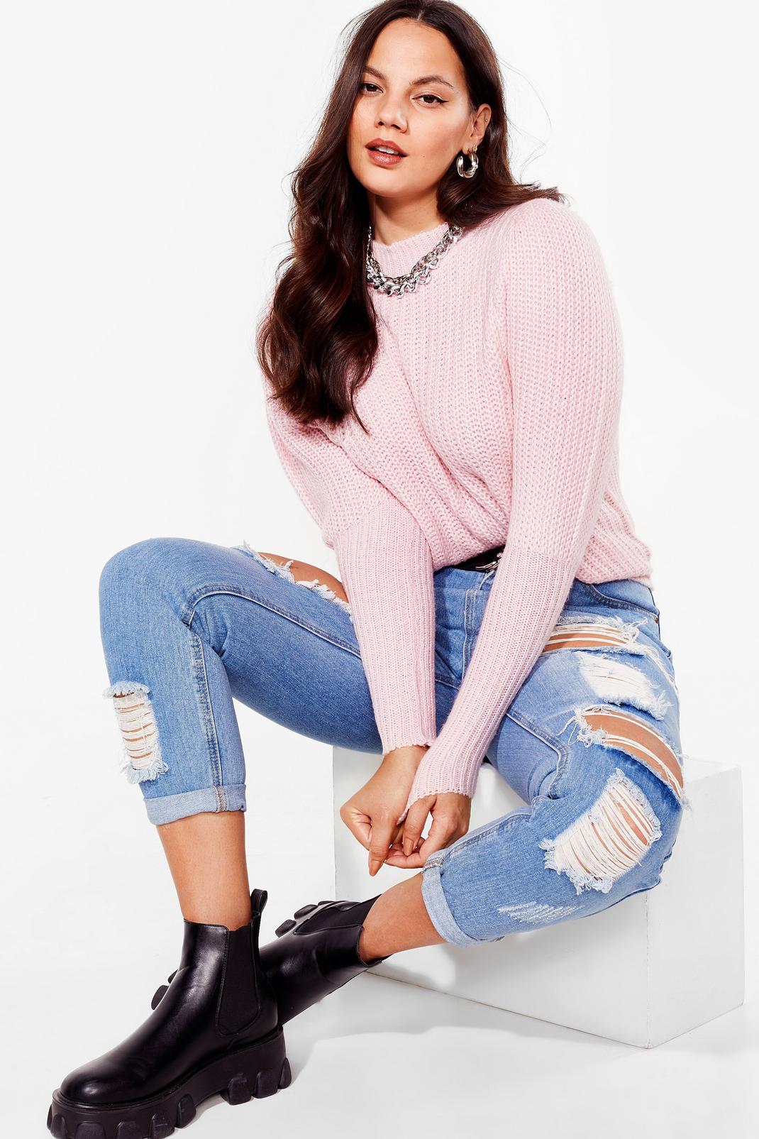 Pink Plus Size Knitted High Neck Jumper image number 1