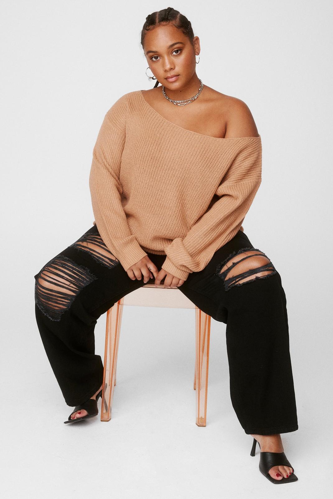 Taupe Turn Knit Up Off-the-Shoulder Plus Size Sweater image number 1