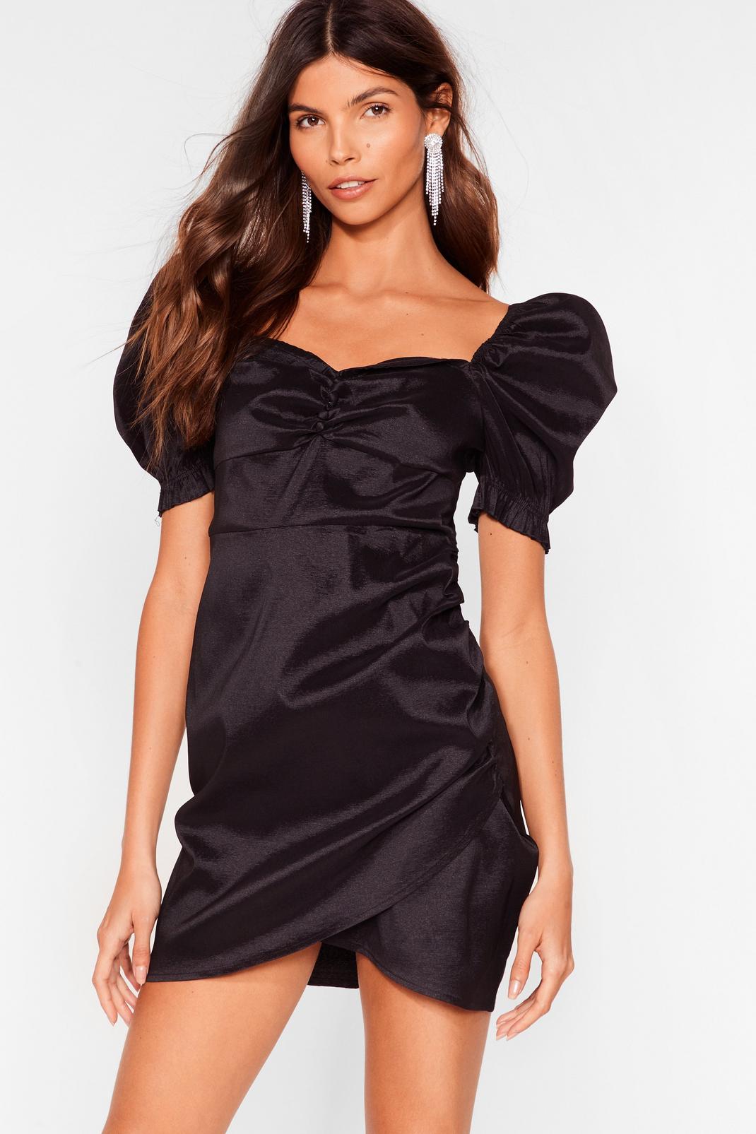 Black Ruched Sweetheart Neckline Satin Mini Dress image number 1