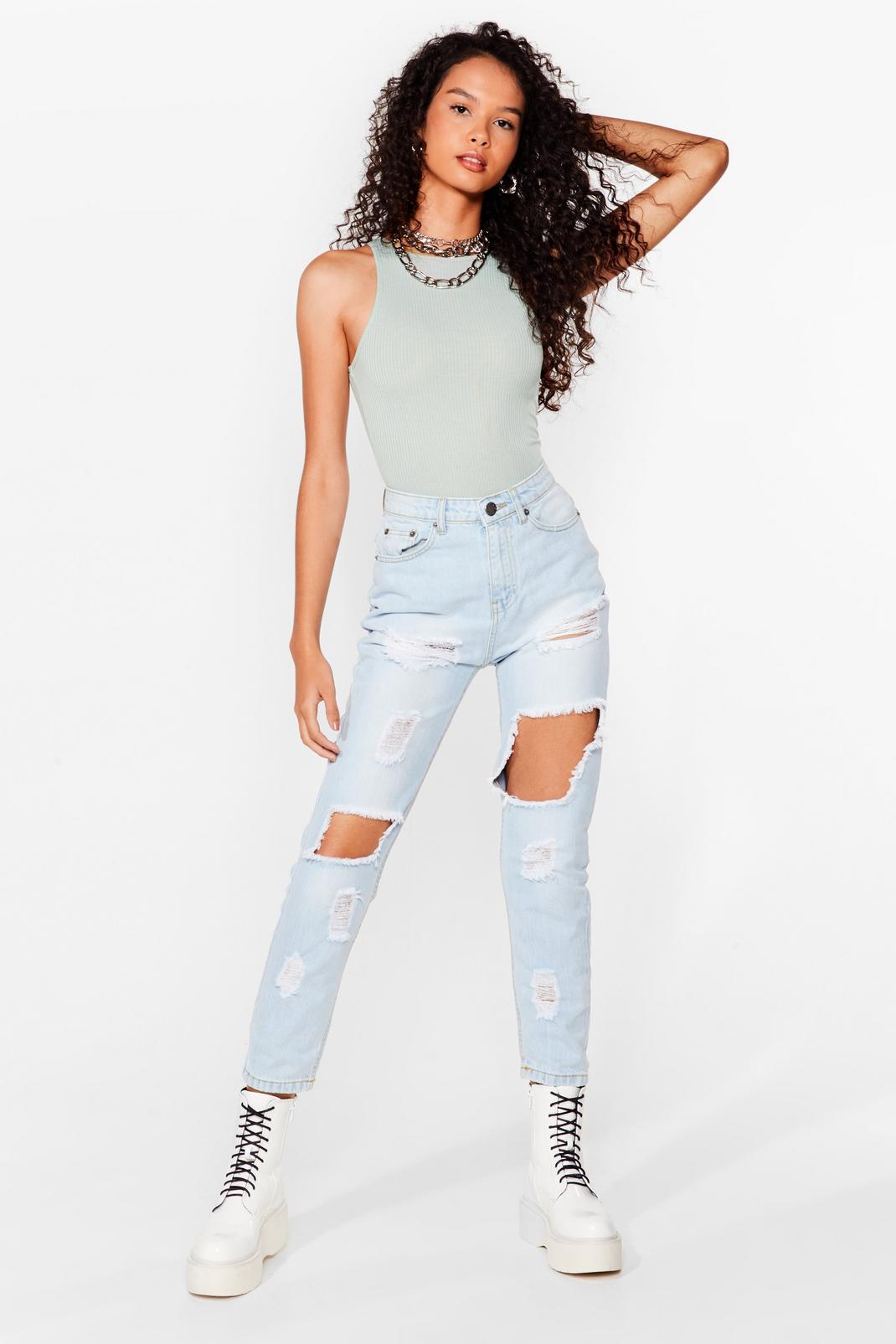 Mid blue High Waisted Ripped Mom Jeans image number 1