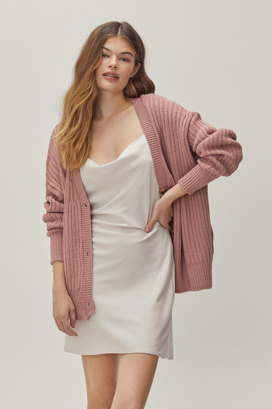 Rose Over Knit Button-Down Ribbed Cardigan image number 1