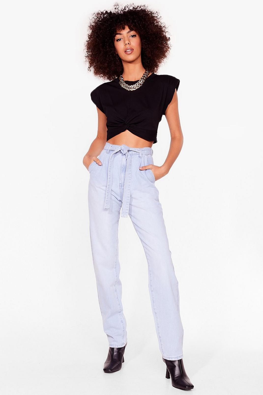 Light blue Belted High Waisted Faded Jeans image number 1