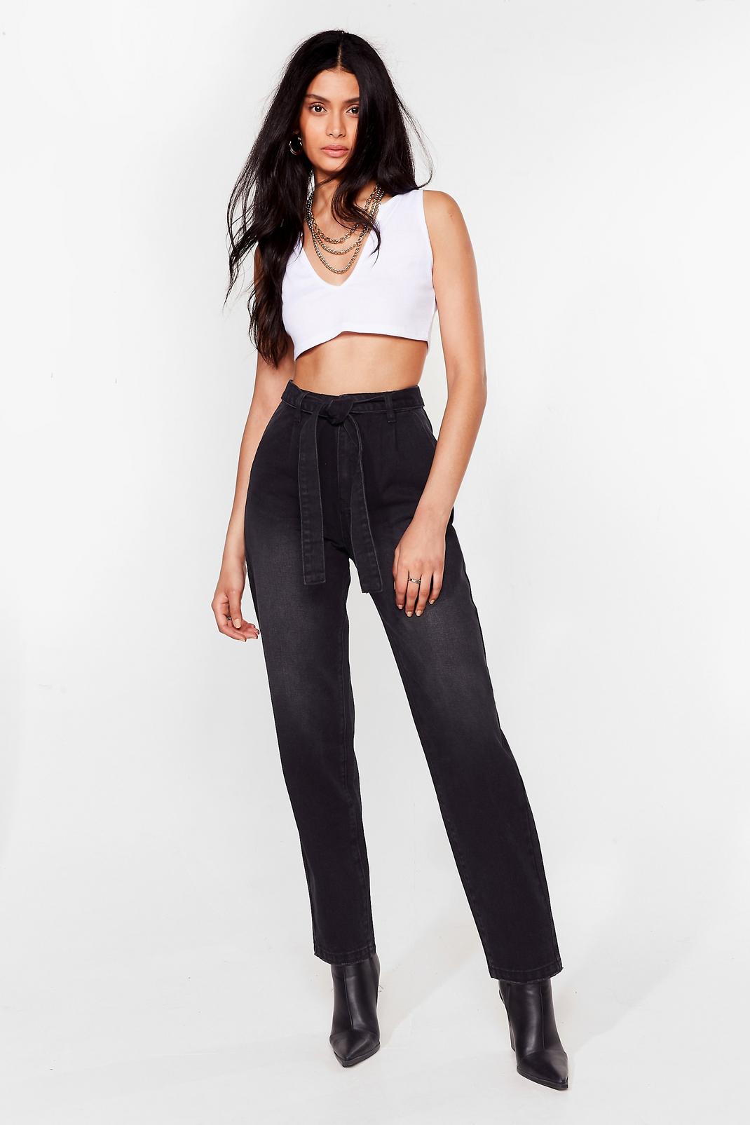 Washed black Belted High Waisted Faded Jeans image number 1