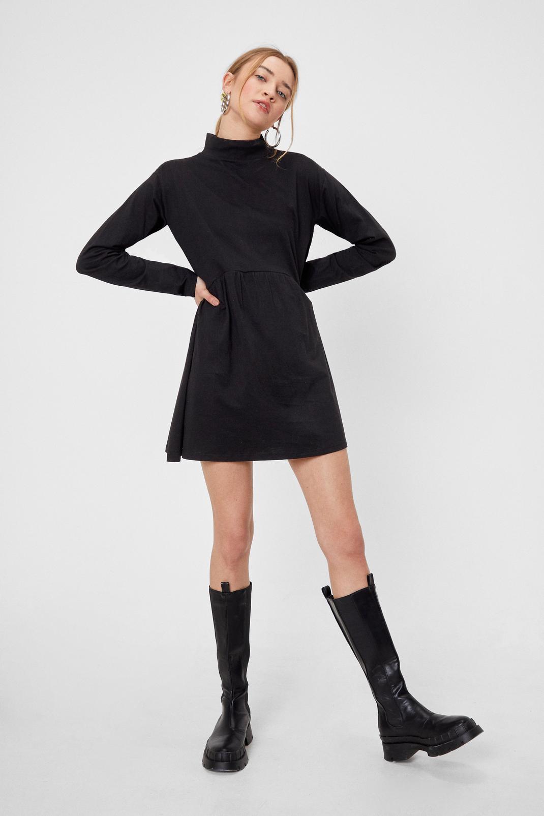 Black High Neck Long Sleeve Mini Dress image number 1