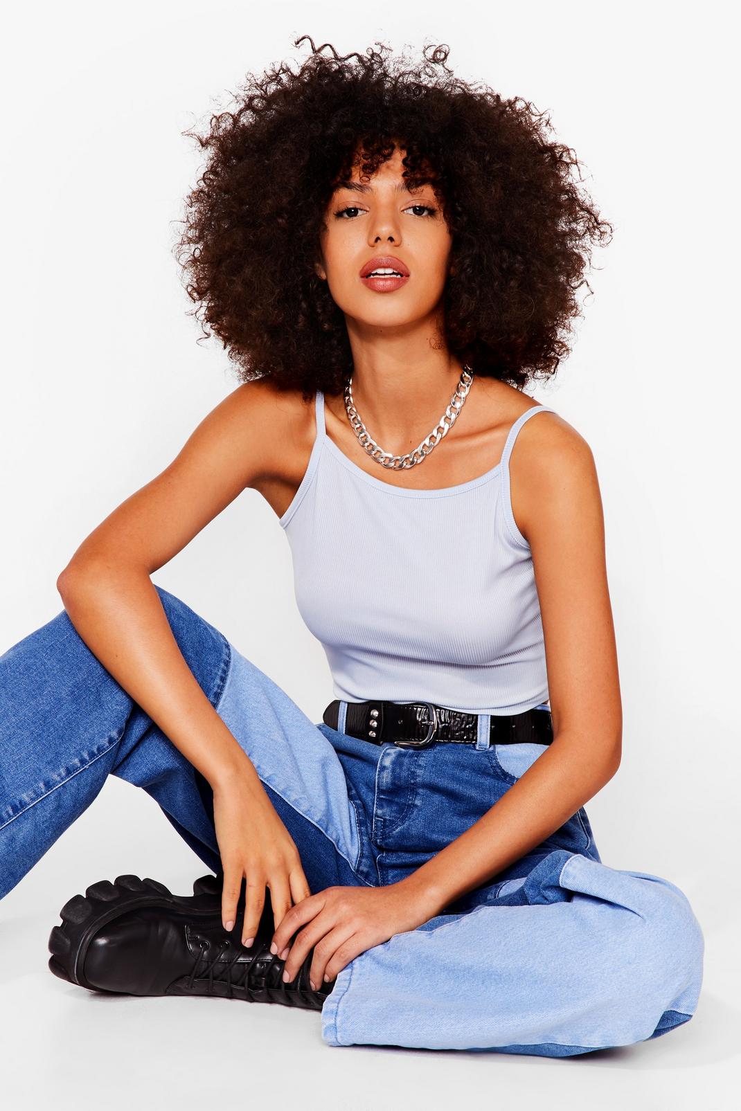 Blue Strappy Ribbed Racer Neck Crop Top image number 1