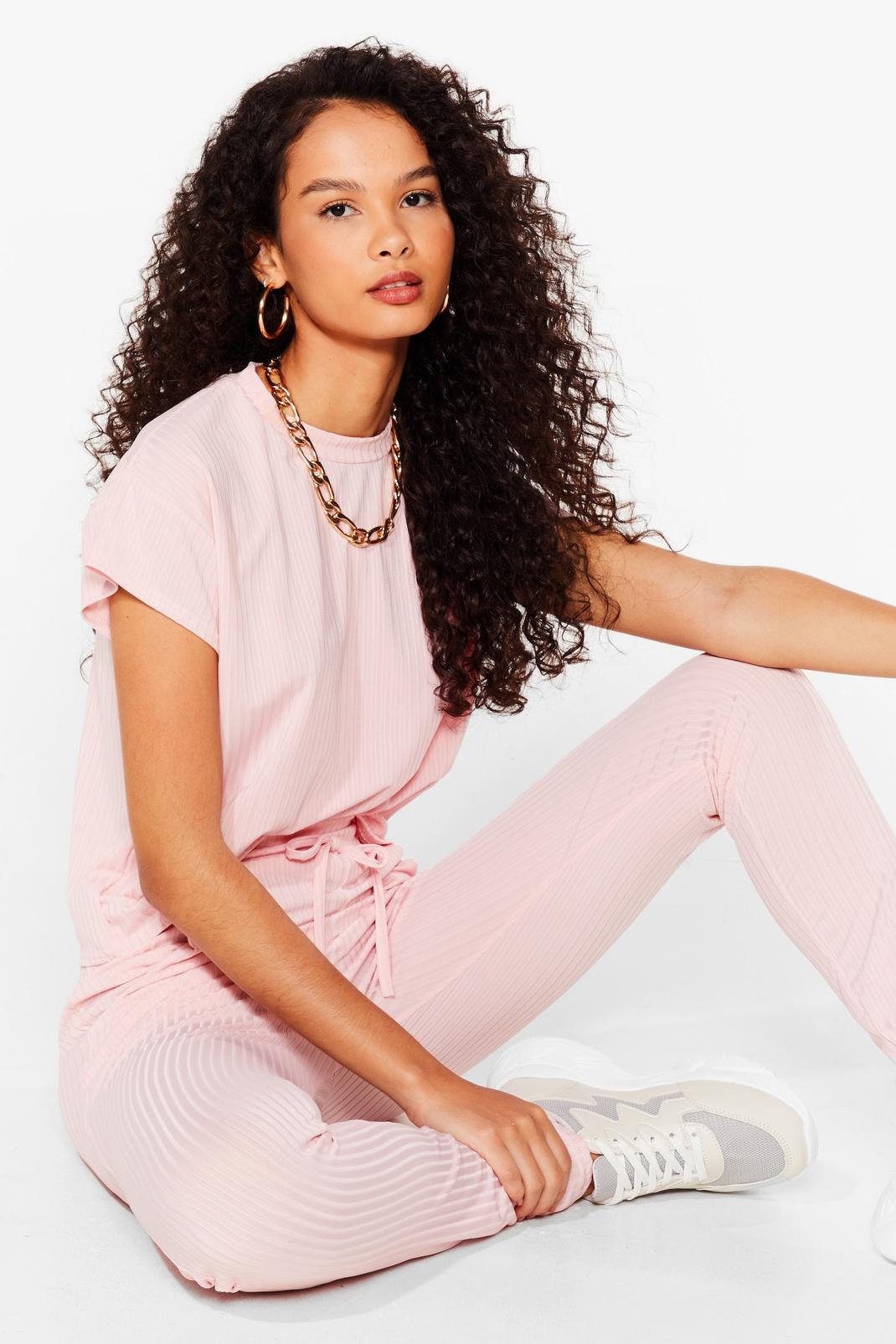 Pink Ribbed T-Shirt and Skinny Tracksuit Pants Set image number 1
