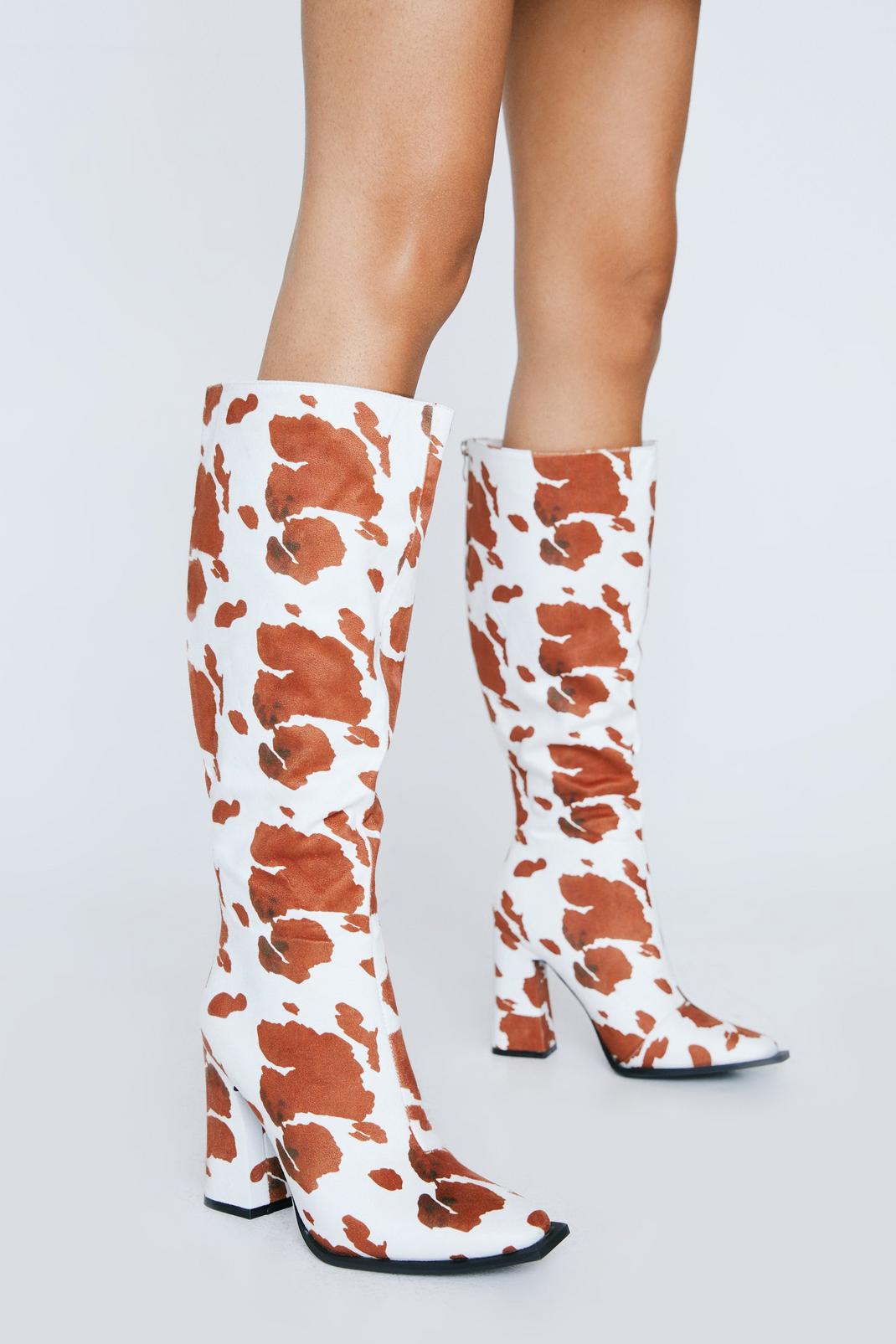 103 Cow Print Knee High Heeled Boots image number 2