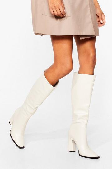 White Square Toe Heeled Knee High Boots