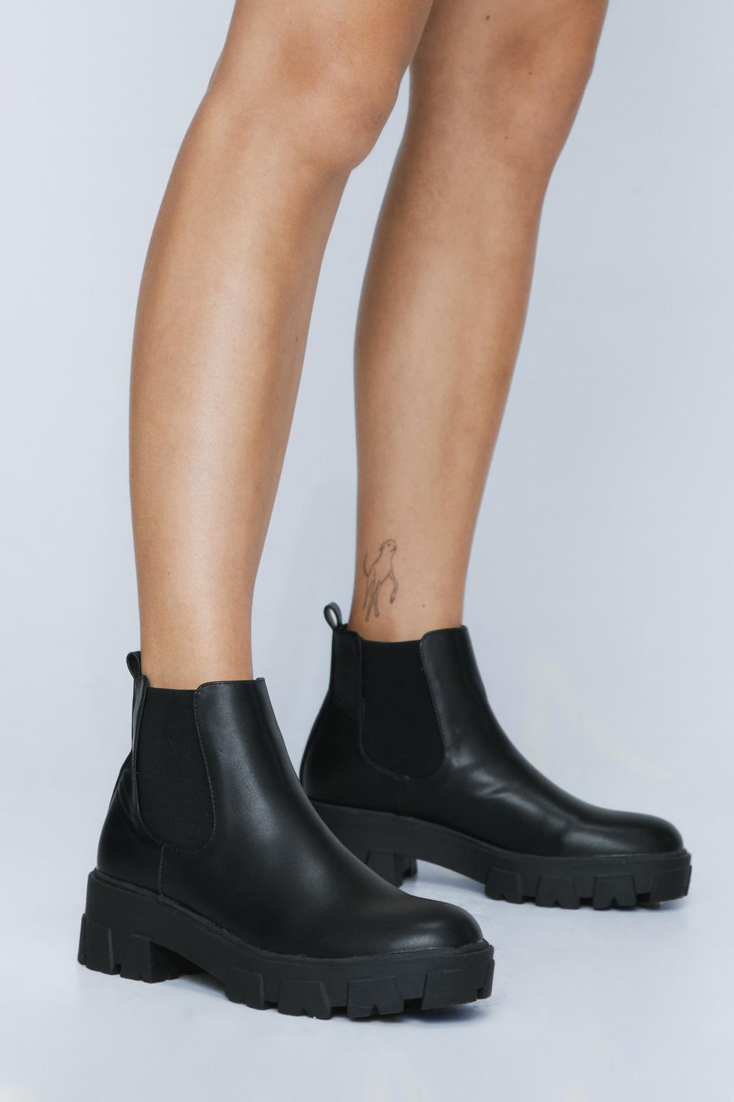 Black Cleated Faux Leather Chelsea Boots image number 1