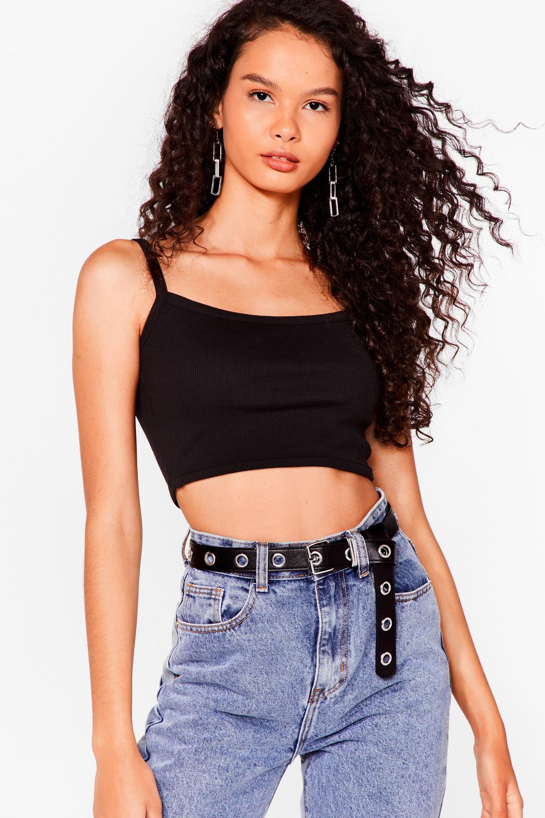 Black Ribbed Square Neck Sleeveless Crop Top image number 1