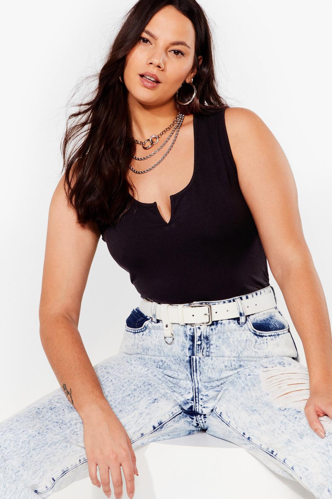 Black Plus Size V Cut Sleeveless Bodysuit image number 1